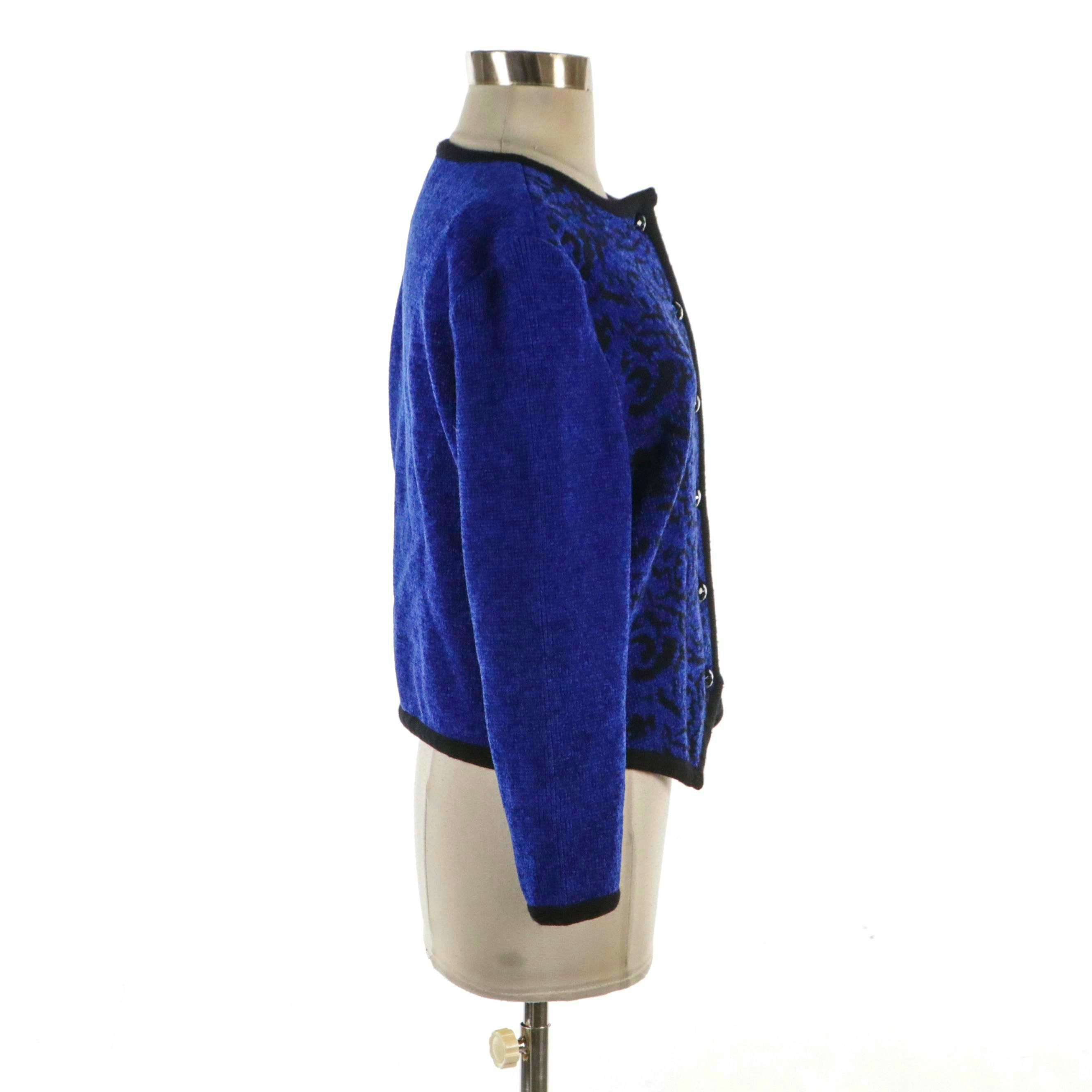 Yves Saint Laurent Black and Blue Patterned Wool Blend Cardigan Sweater