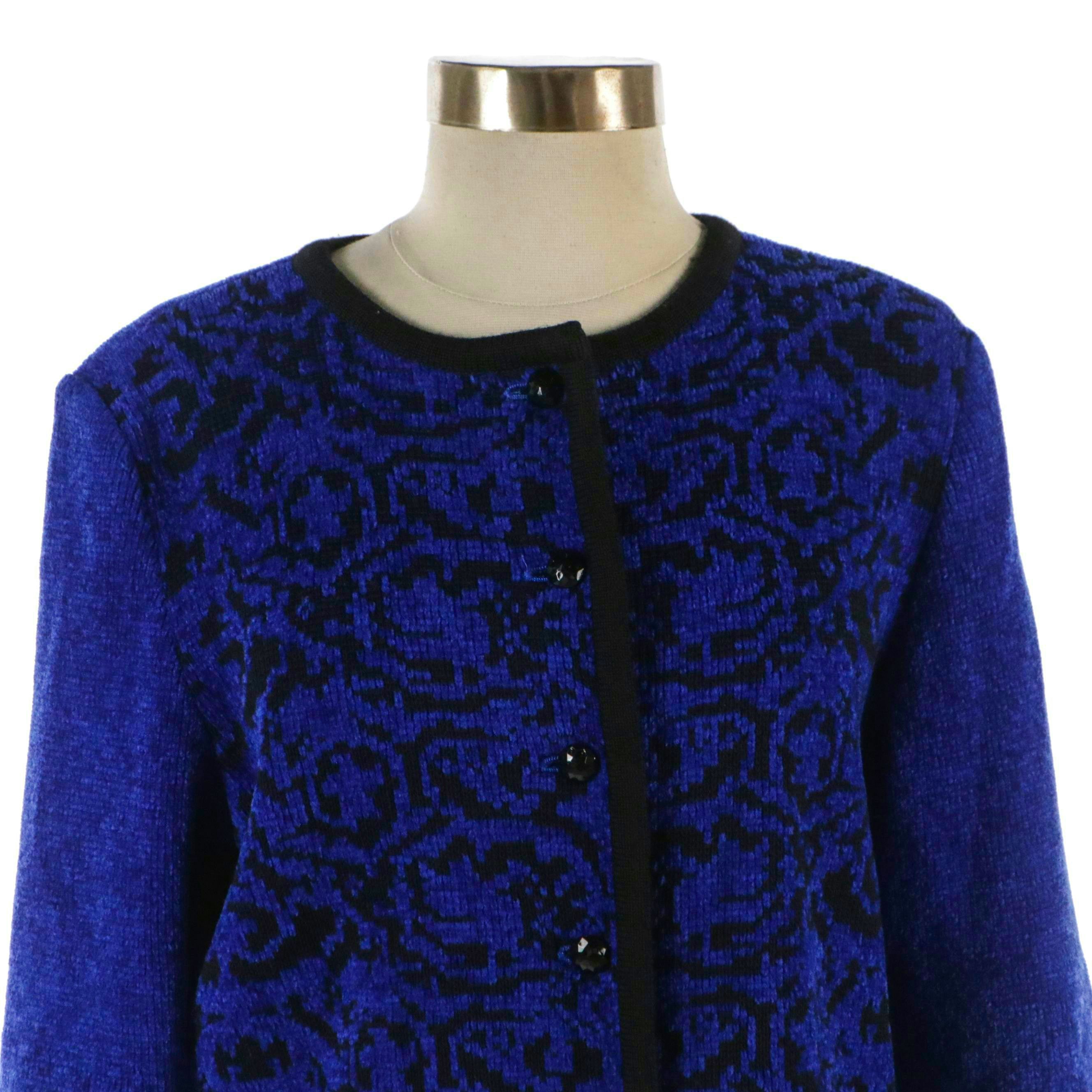 Yves Saint Laurent Black and Blue Patterned Wool Blend Cardigan Sweater