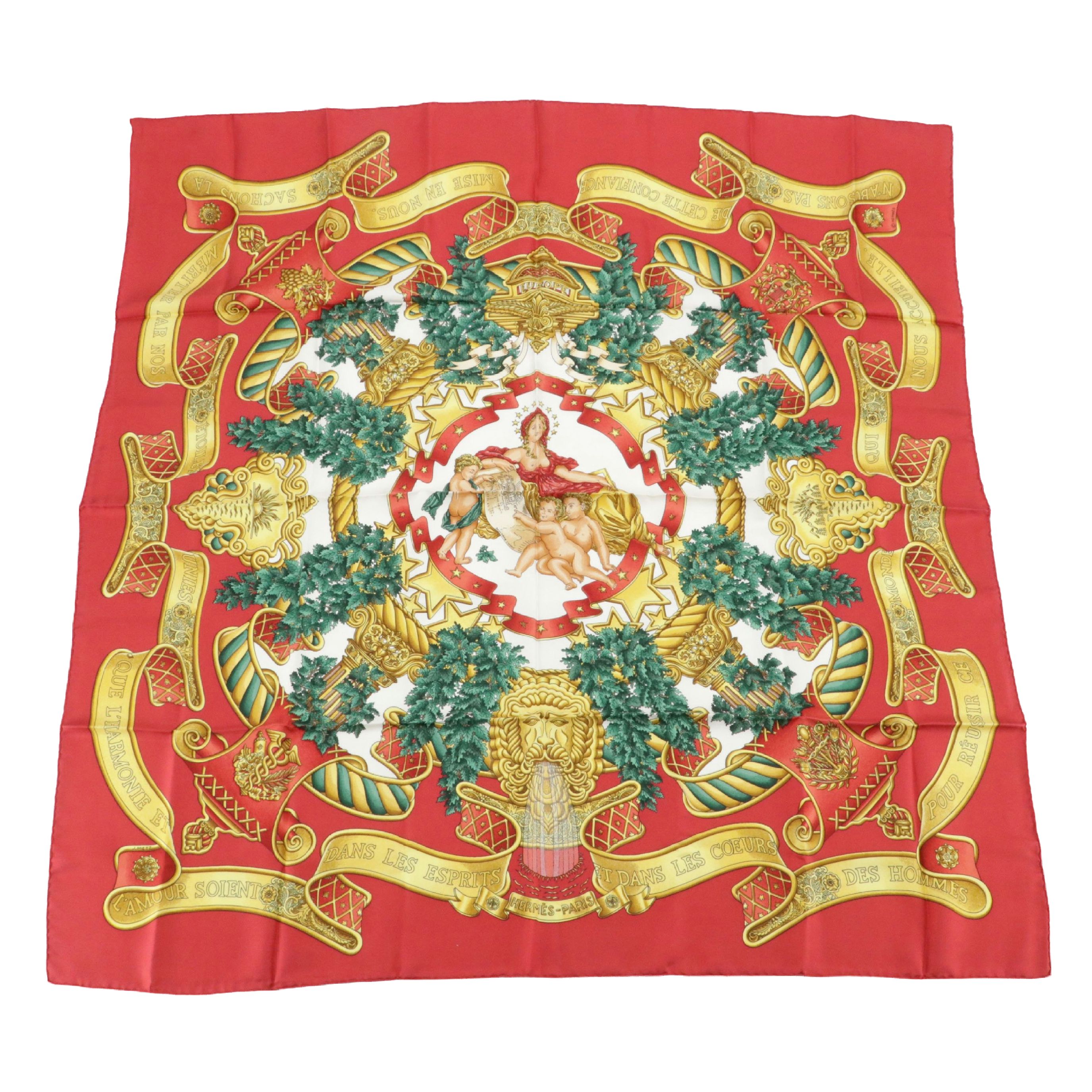 Hermès "Europe" Scarf 90 in Red Silk Twill