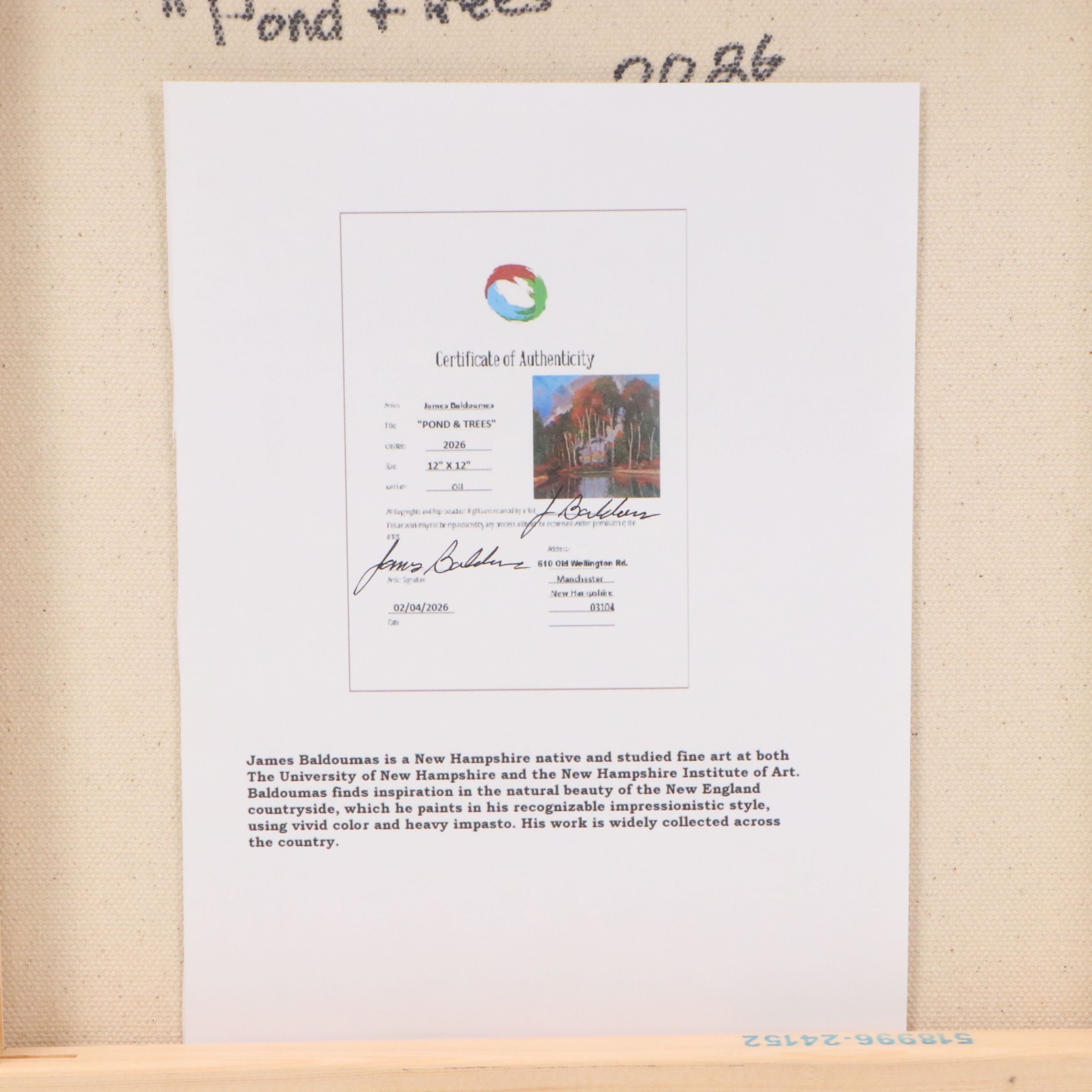 James Baldoumas Oil Painting "Pond and Trees," 2026