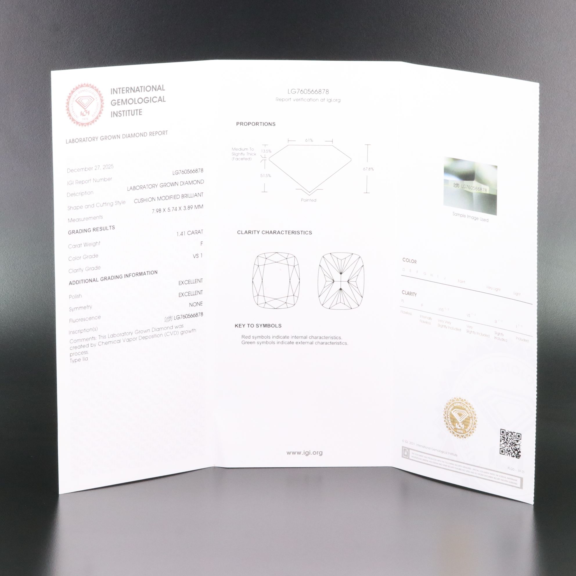 Loose 1.41 CT Lab Grown Diamond with IGI Report