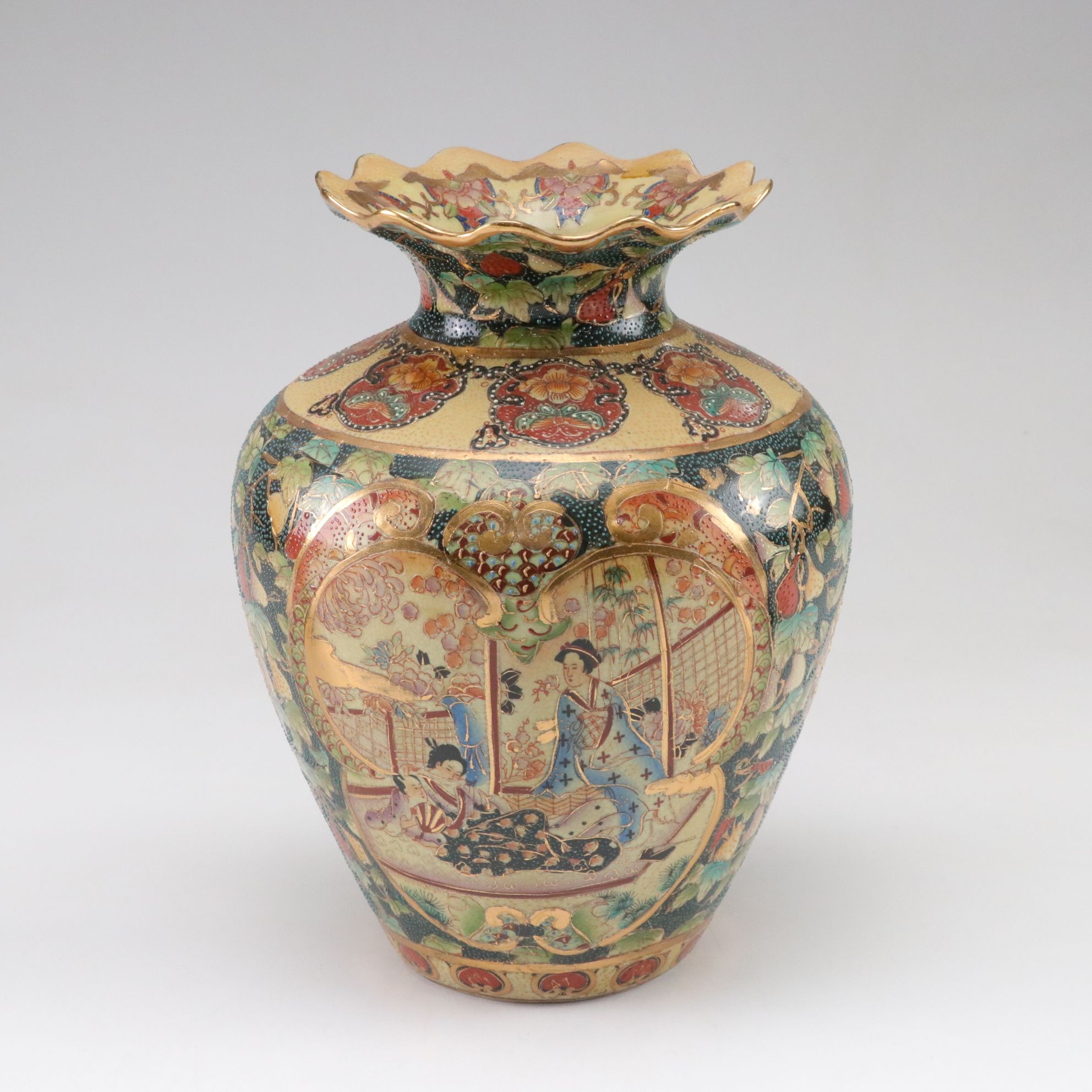 Satsuma Moriage Style Vase with Ceramic Crane, Geisha, Demitasse Teacups & More