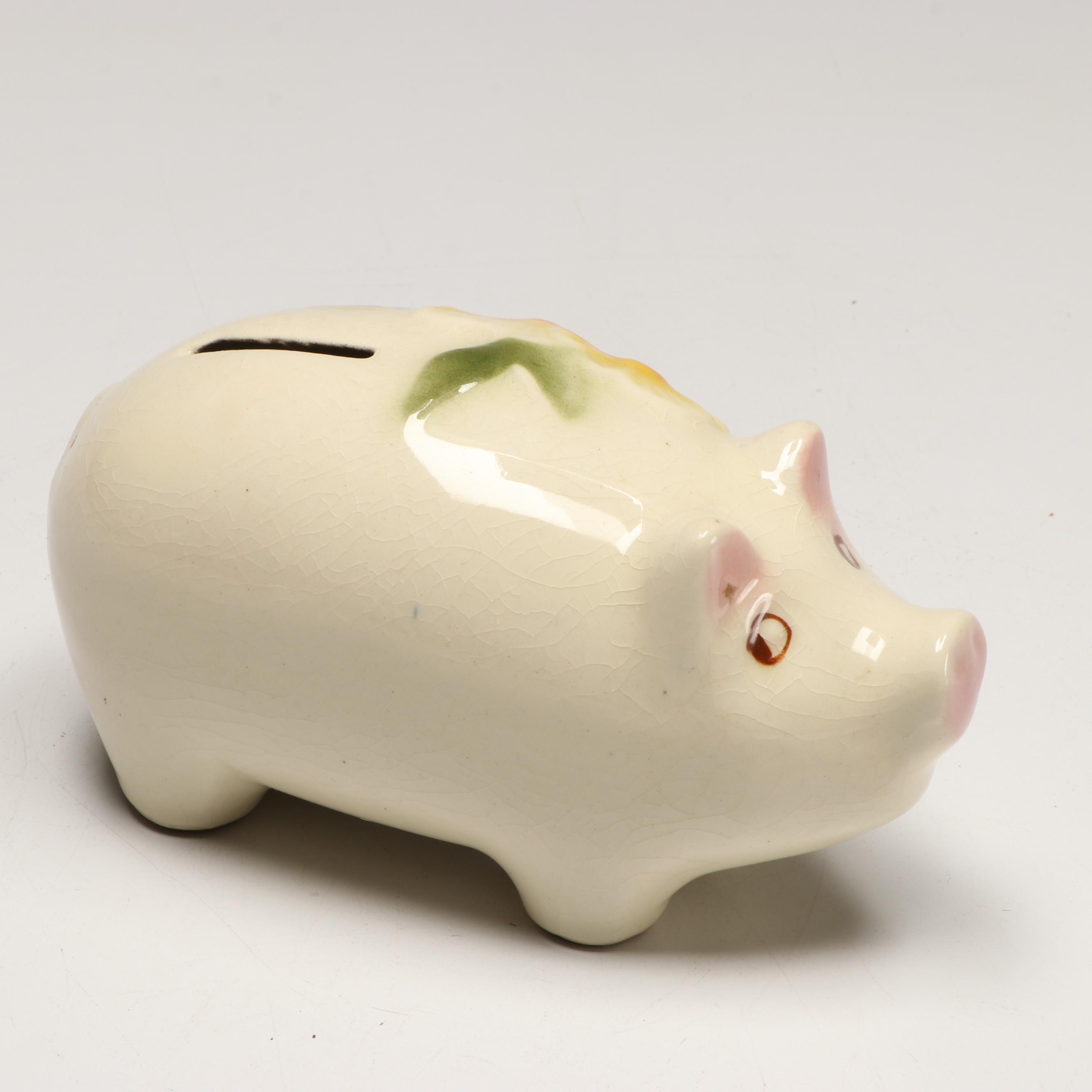 Porcelain Floral Pig Coin Bank, Mid 20th Century