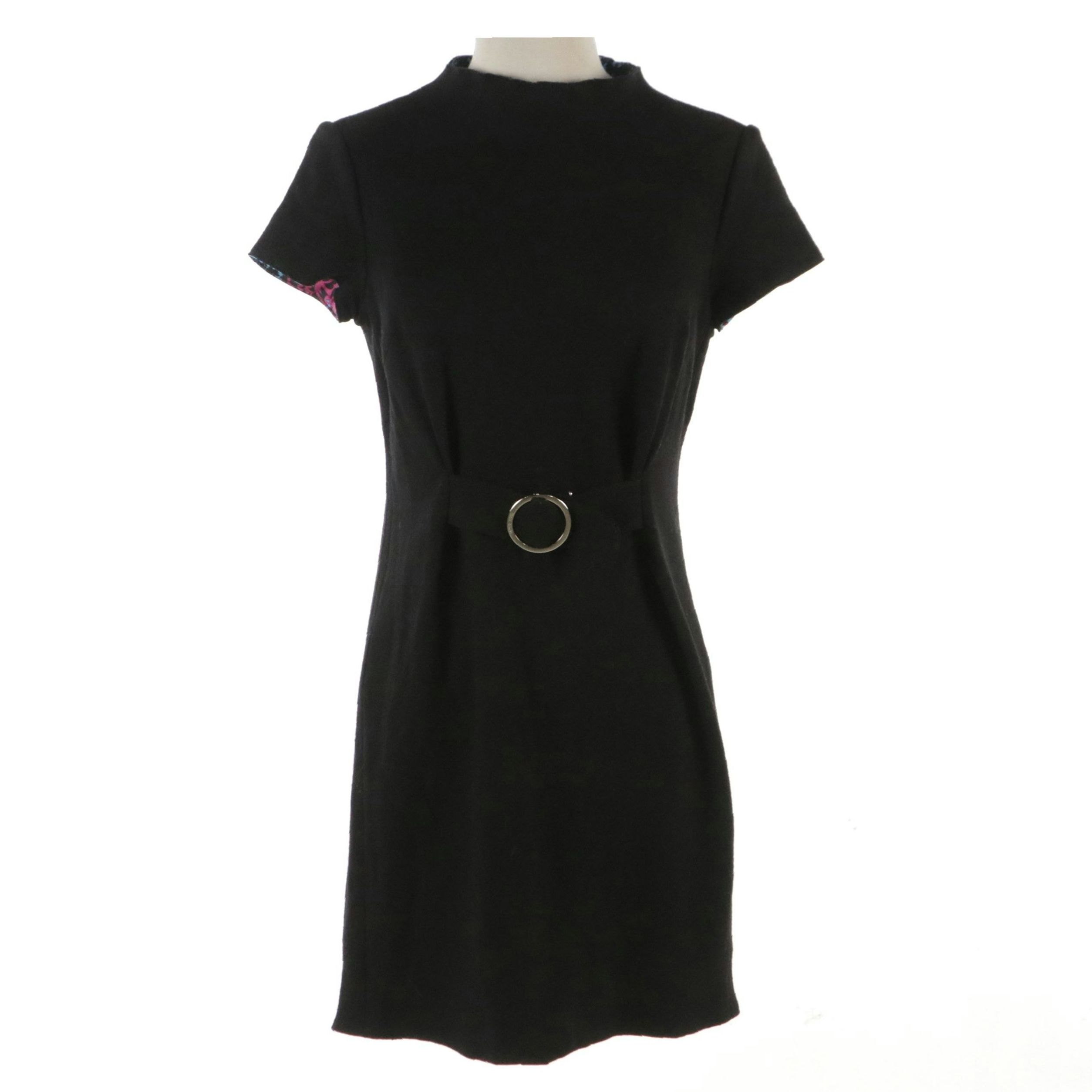 Emilio Pucci Black Wool Sheath Dress with Multicolor Print and Buckle Detail