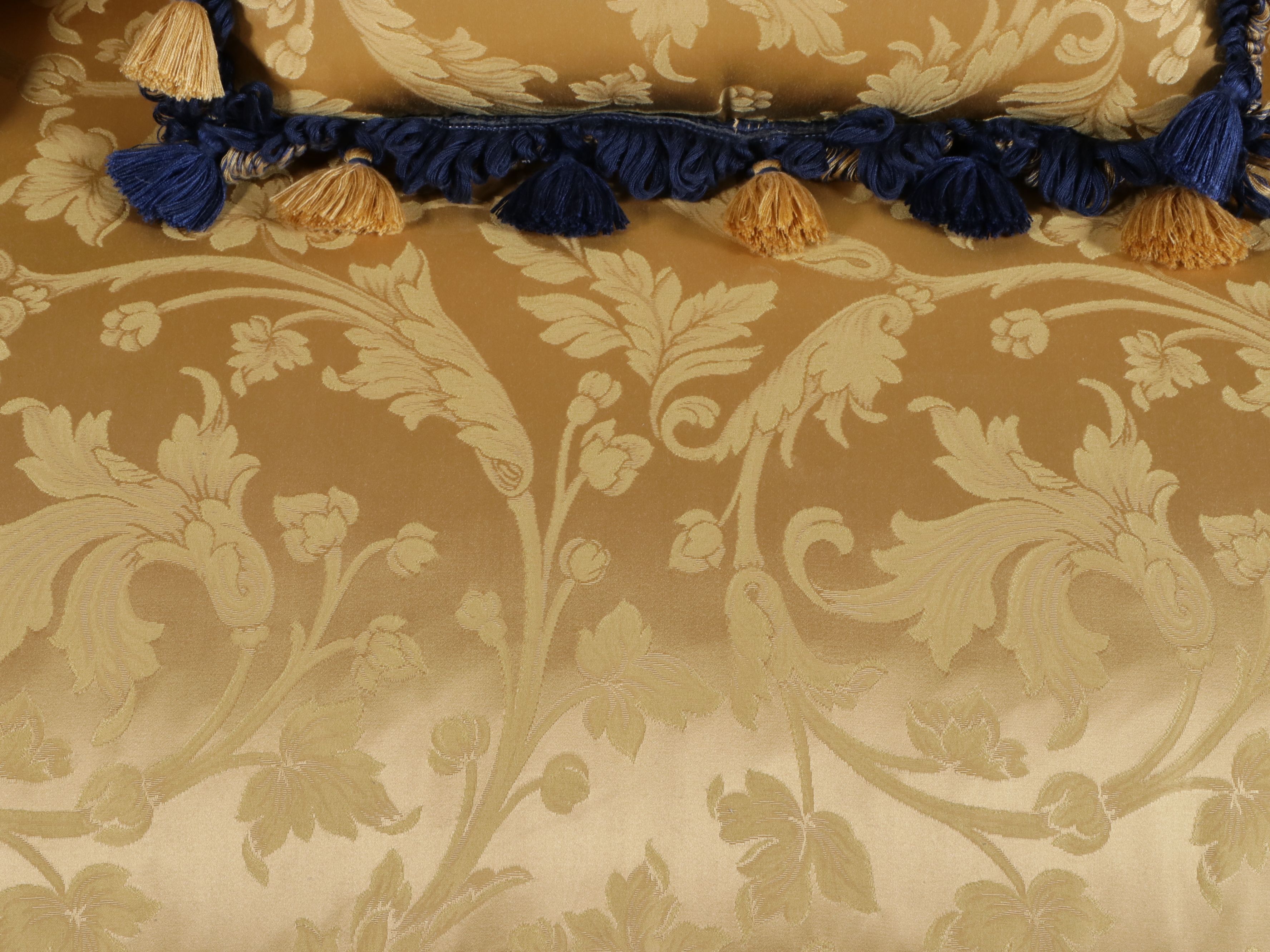 Modern Neoclassical Style Gold Damask Upholstered Loveseat with Accent Pillows