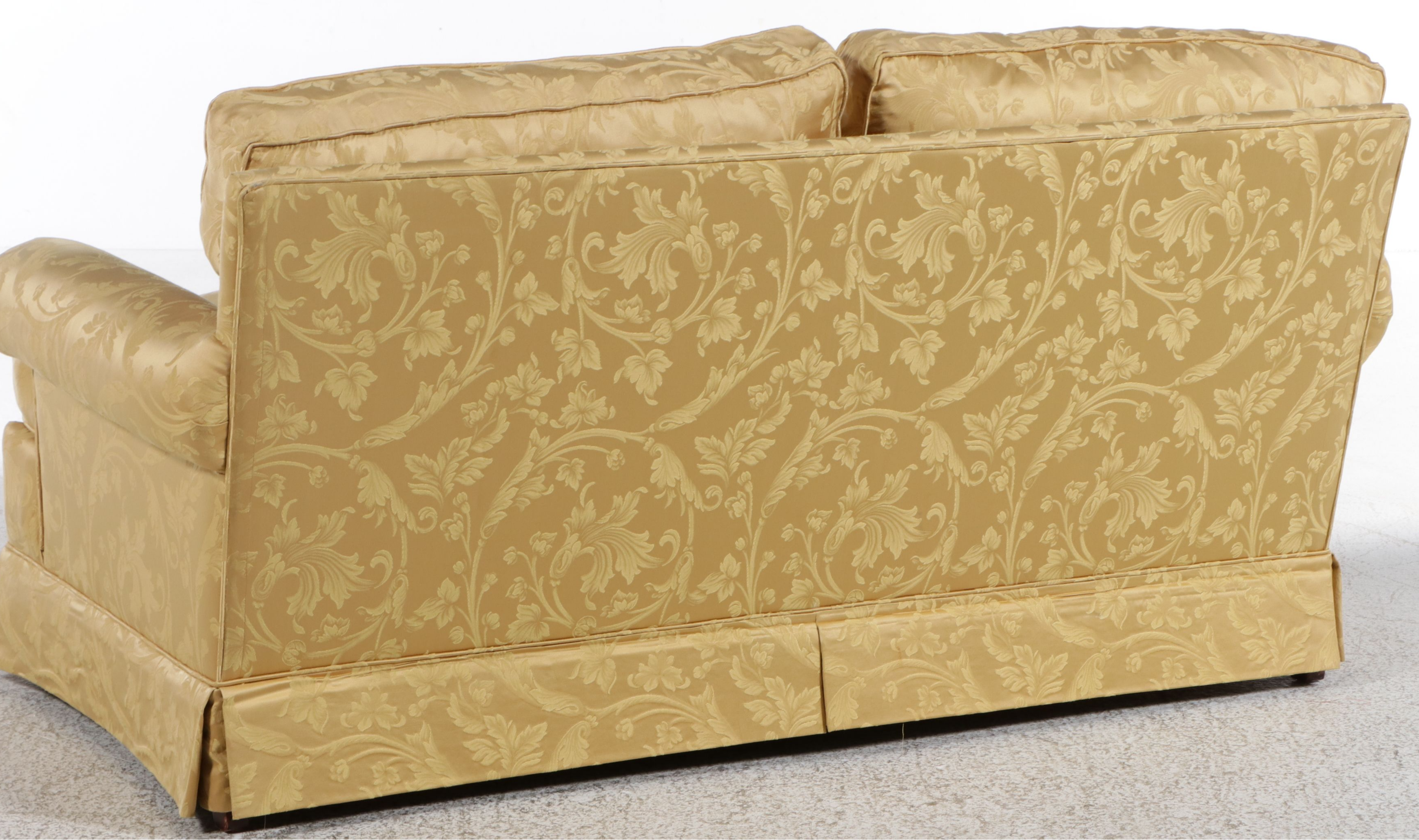 Modern Neoclassical Style Gold Damask Upholstered Loveseat with Accent Pillows