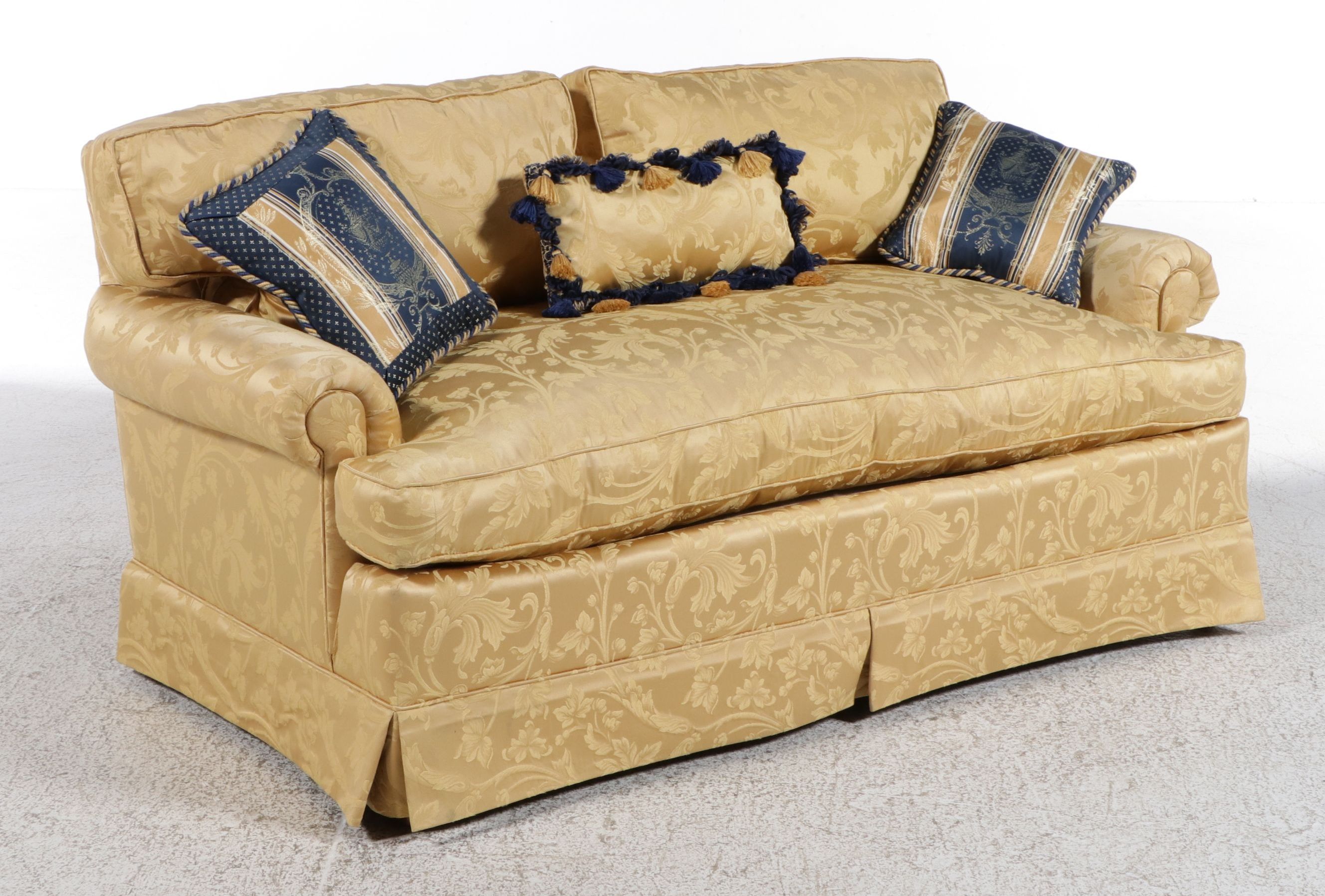 Modern Neoclassical Style Gold Damask Upholstered Loveseat with Accent Pillows