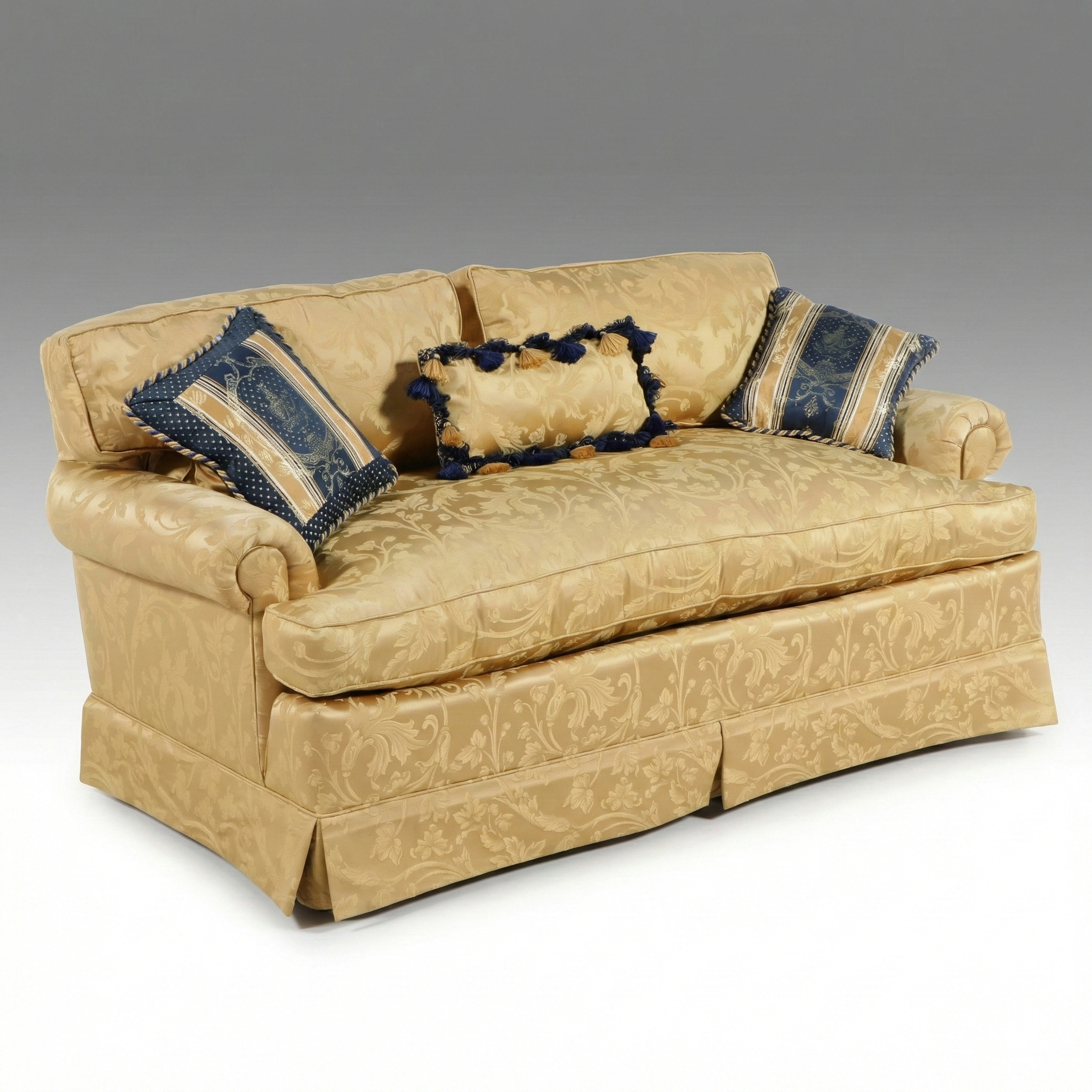 Modern Neoclassical Style Gold Damask Upholstered Loveseat with Accent Pillows