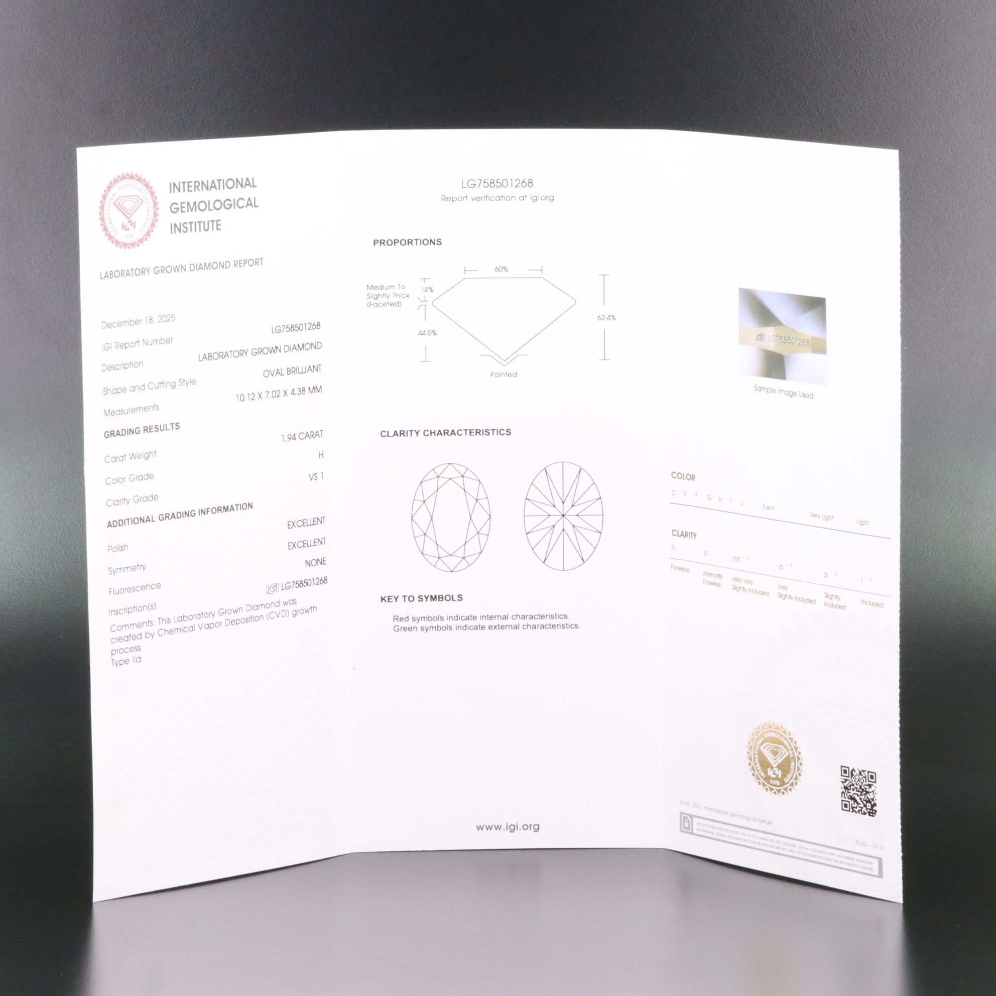 Loose 1.94 CT Lab Grown Diamond with IGI Report
