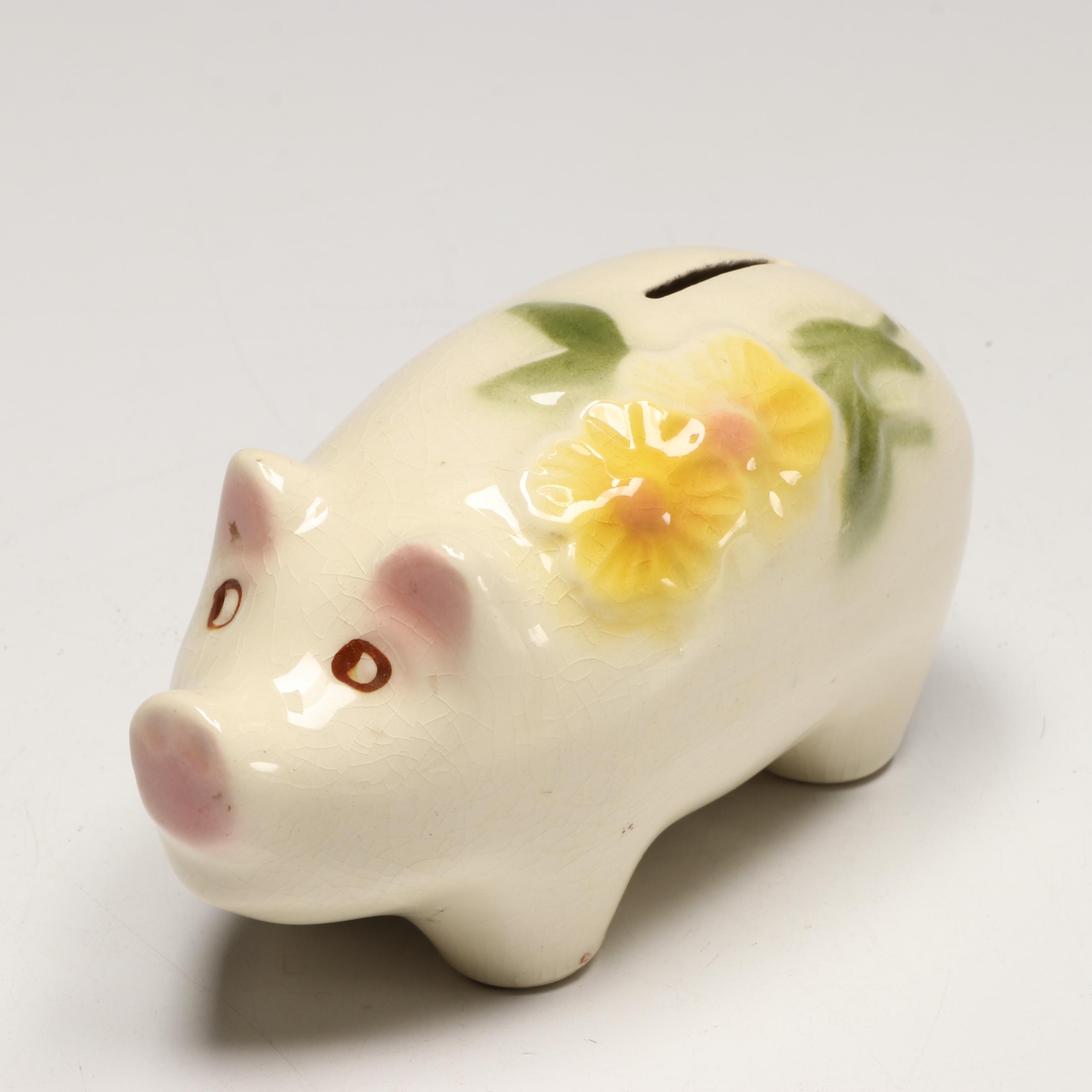 Porcelain Floral Pig Coin Bank, Mid 20th Century