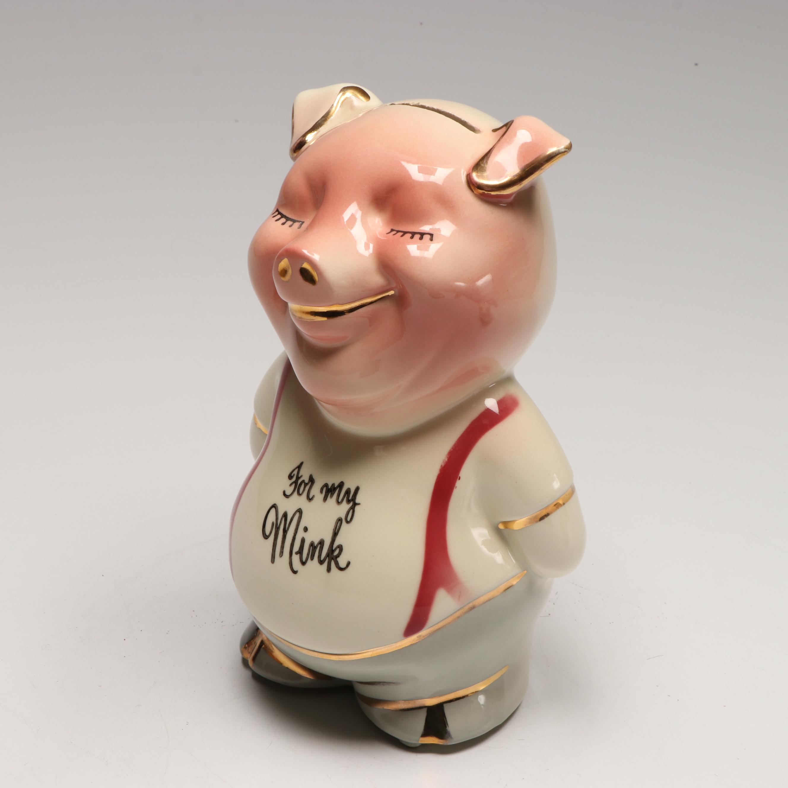 Porcelain Floral Pig Coin Bank, Mid 20th Century