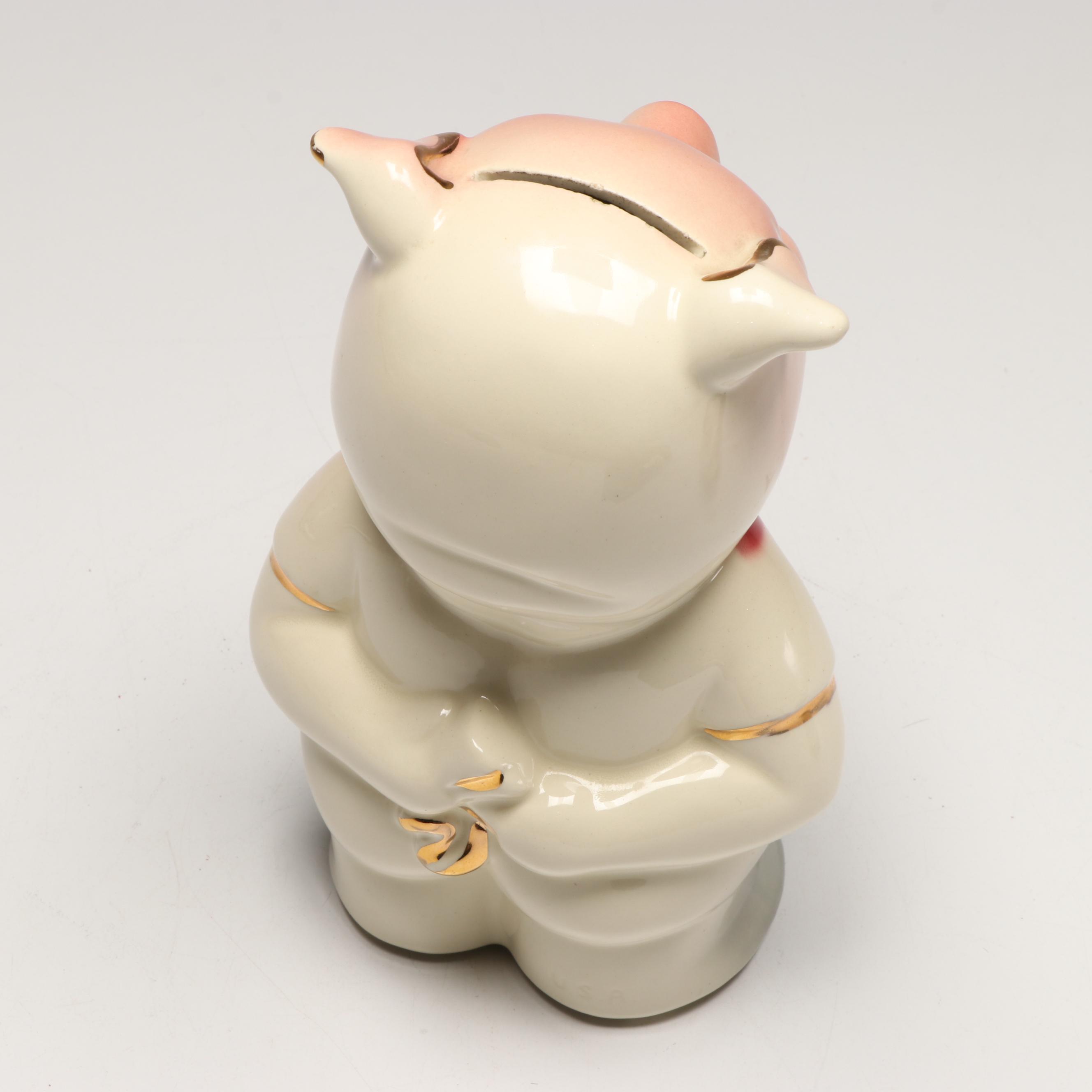 Porcelain Floral Pig Coin Bank, Mid 20th Century