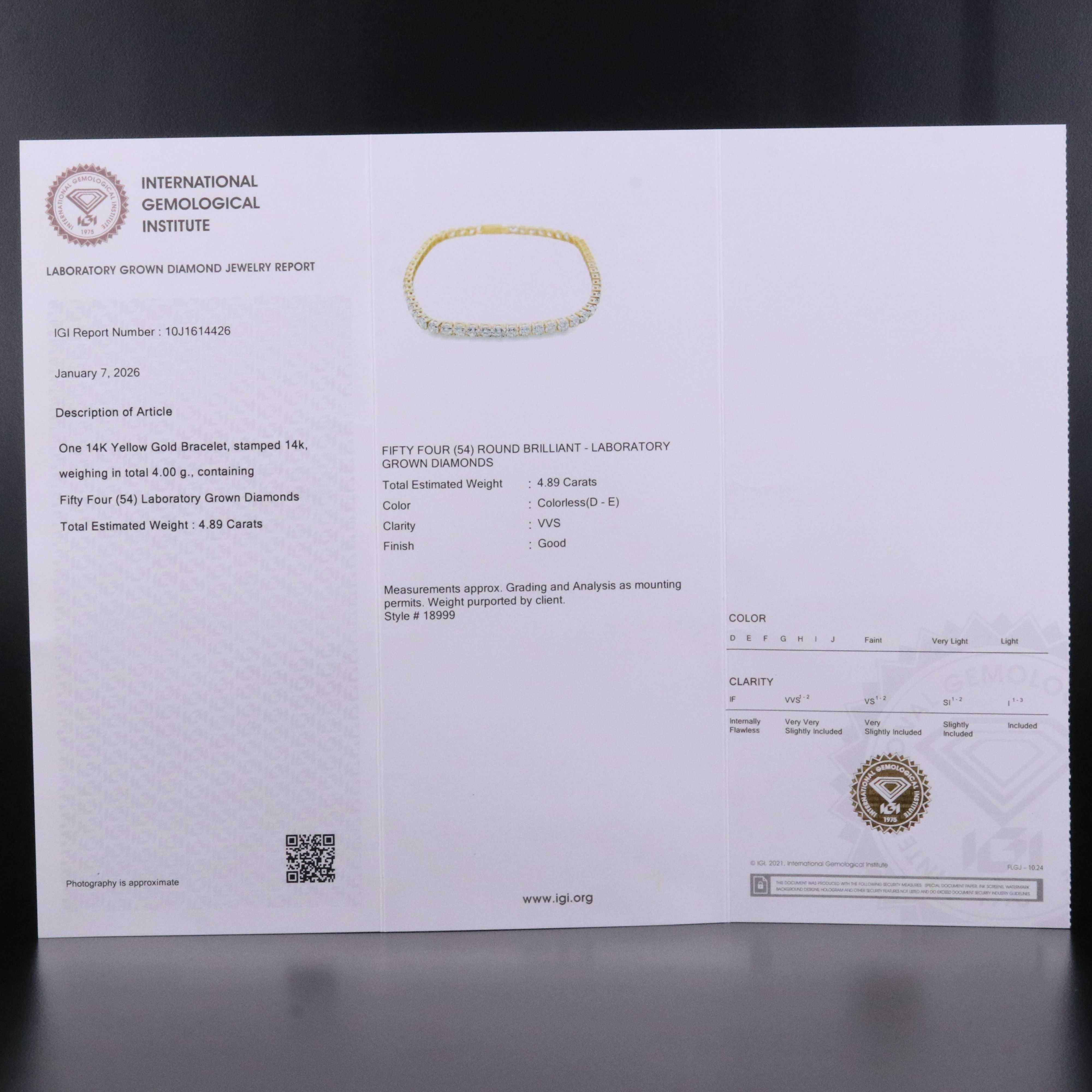 14K 4.89 CTW Lab Grown Diamond Line Bracelet with IGI Jewelry Report