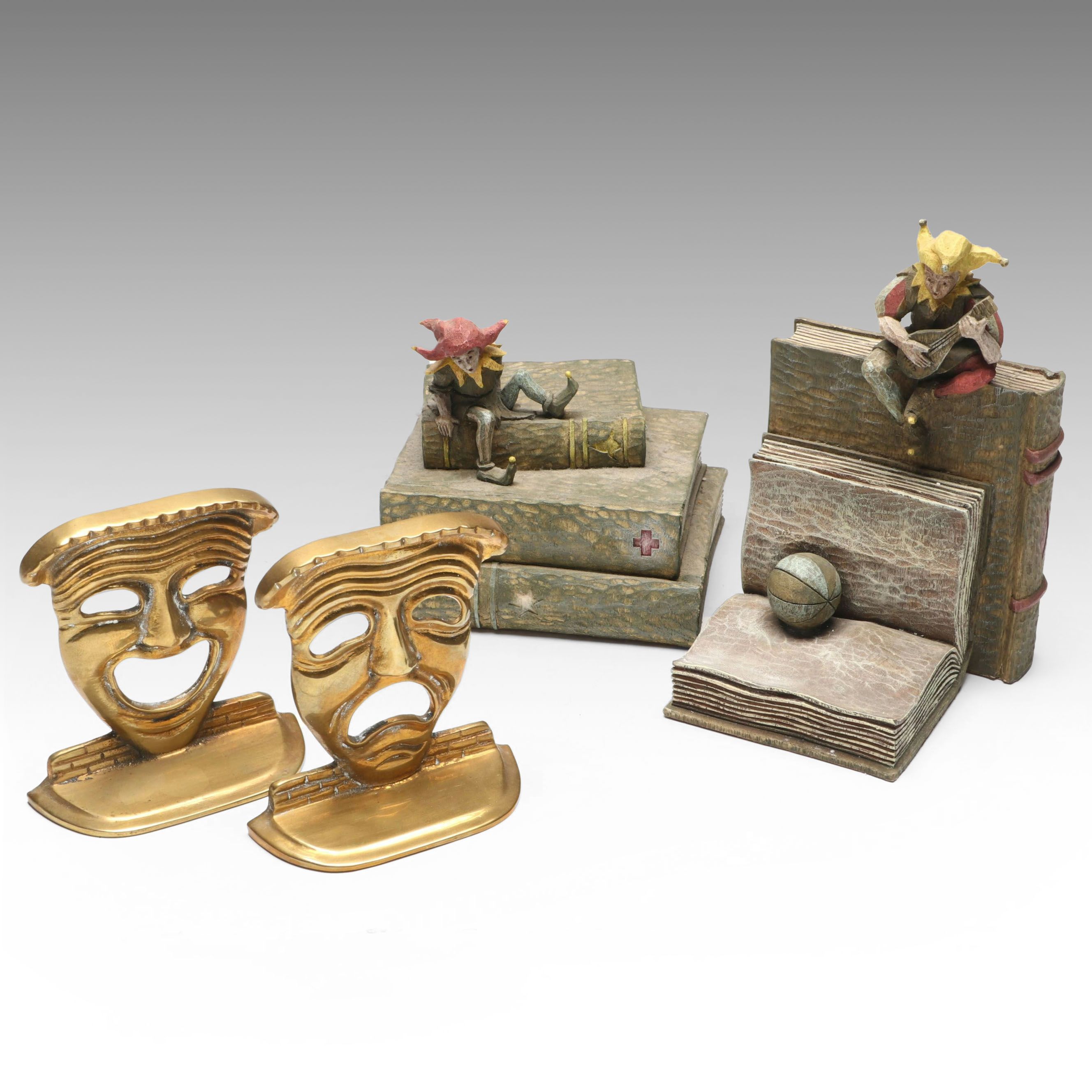 Penco Brass Finish Drama Mask with Jester Bookends