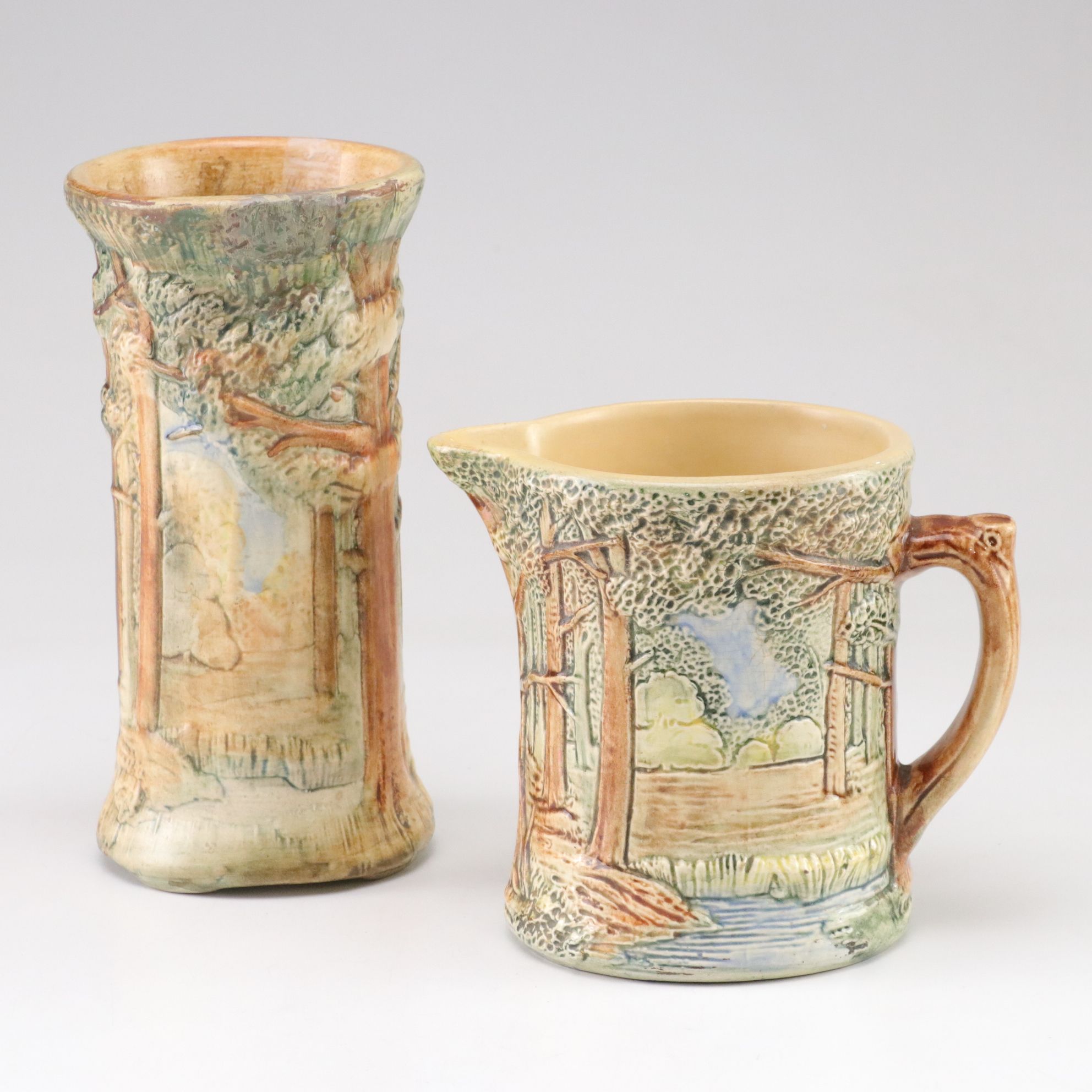 Weller Pottery "Forest" Pitcher and Vase, Early 20th C.