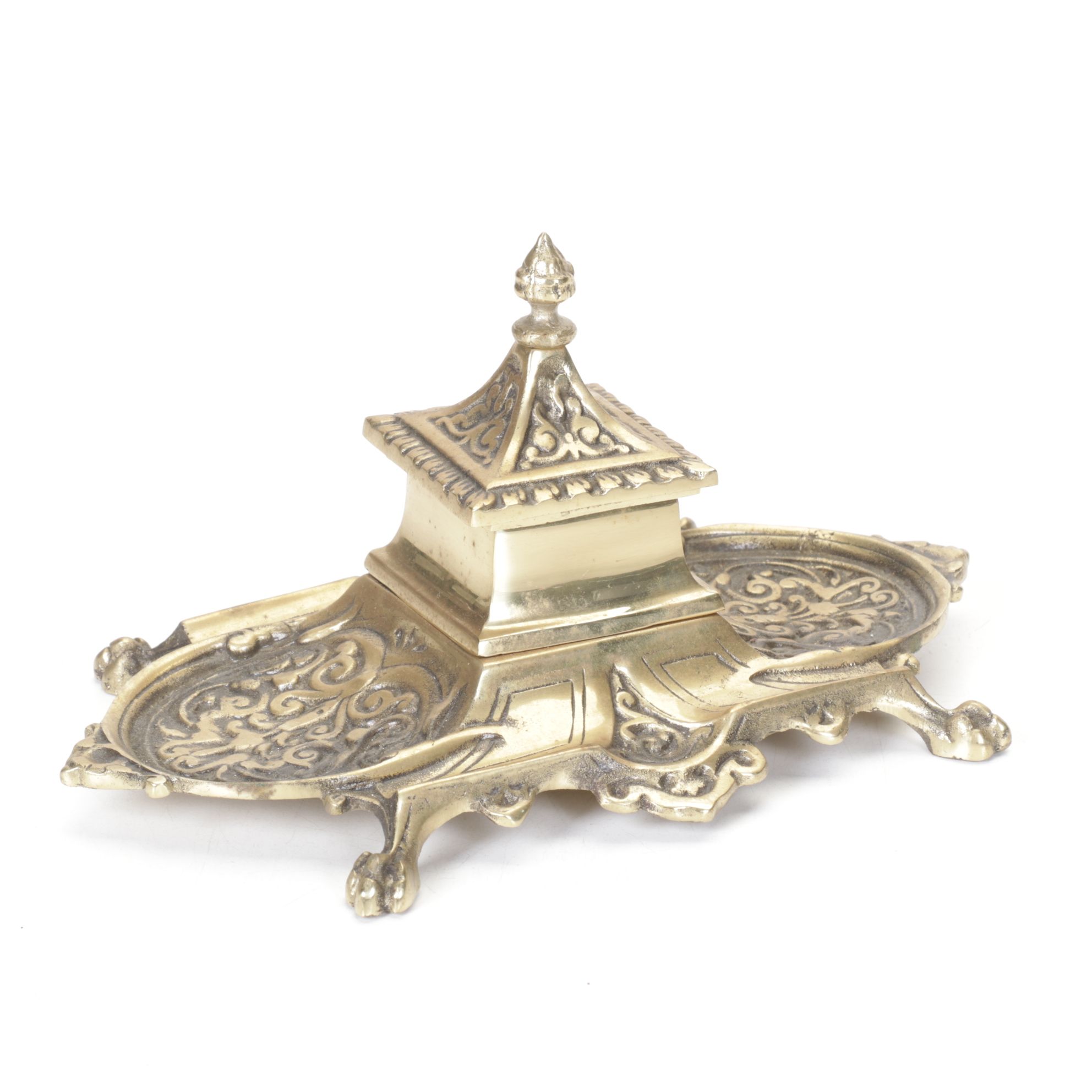 Embossed Brass Japanese Pagoda Inkwell, 20th C.
