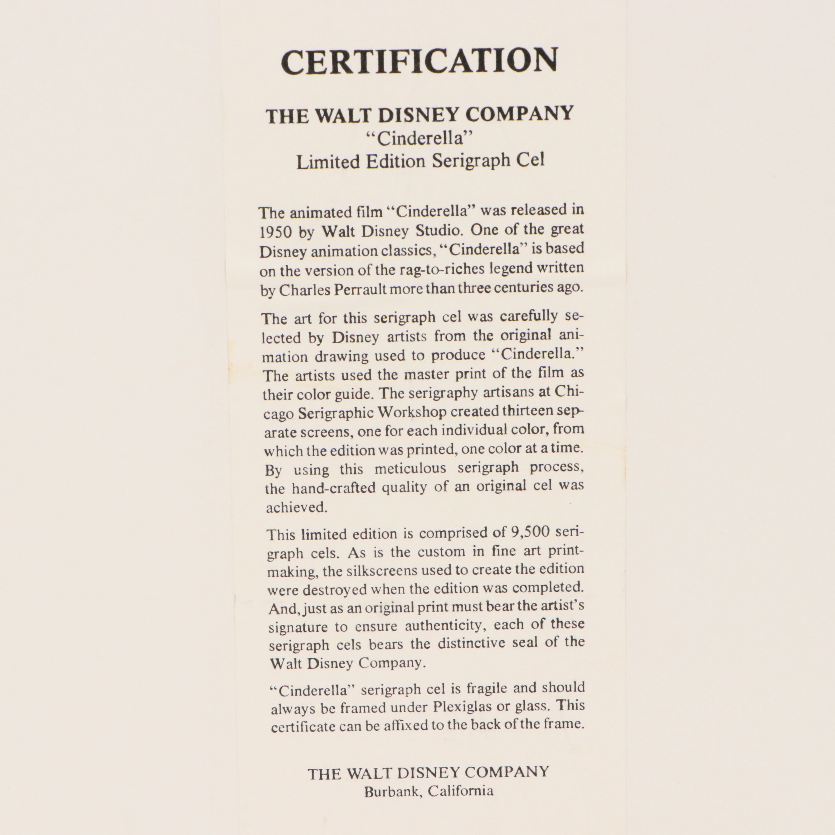 Walt Disney Animation Studio Serigraph Cel "Cinderella," Late 20th Century