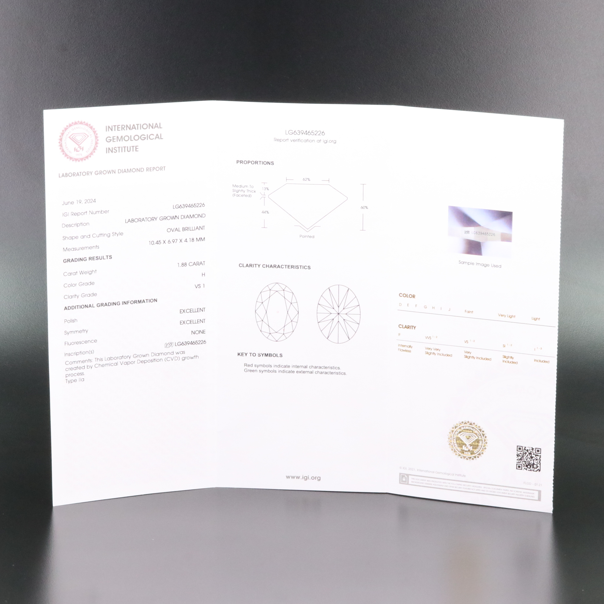 Loose 1.88 CT Lab Grown Diamond with IGI Report