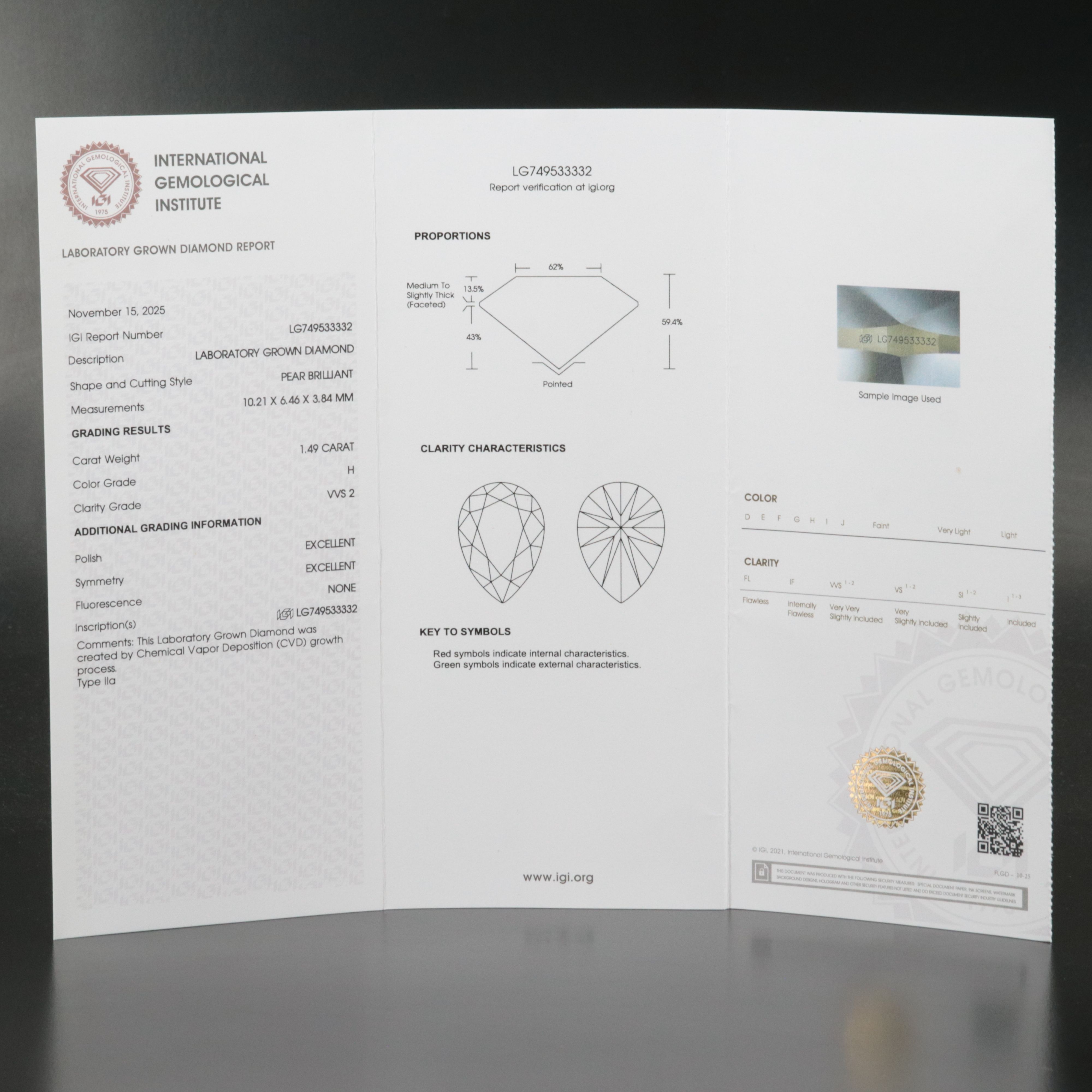 Loose 1.49 CT Lab Grown Diamond with IGI Report
