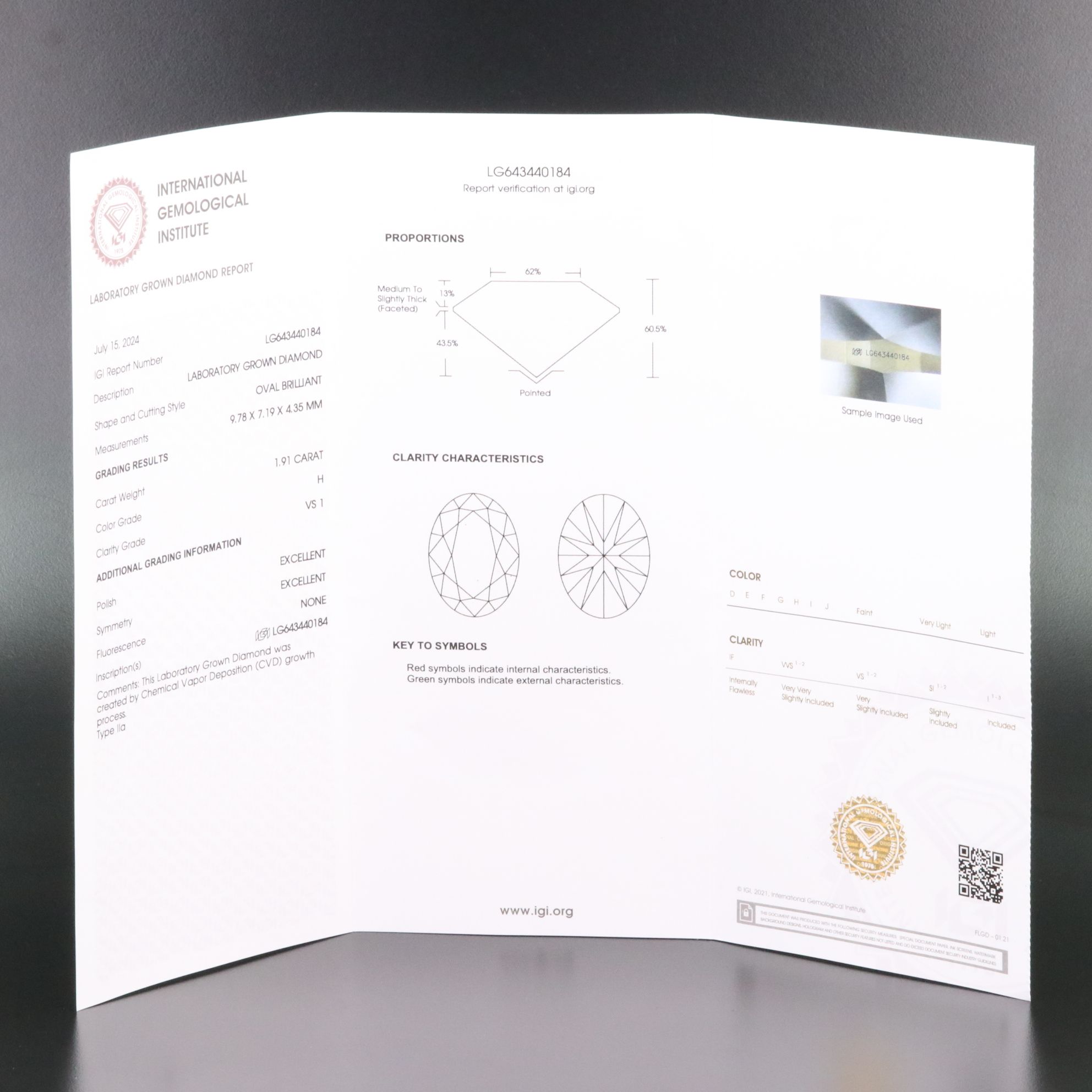 Loose 1.91 CT Lab Grown Diamond with IGI Report