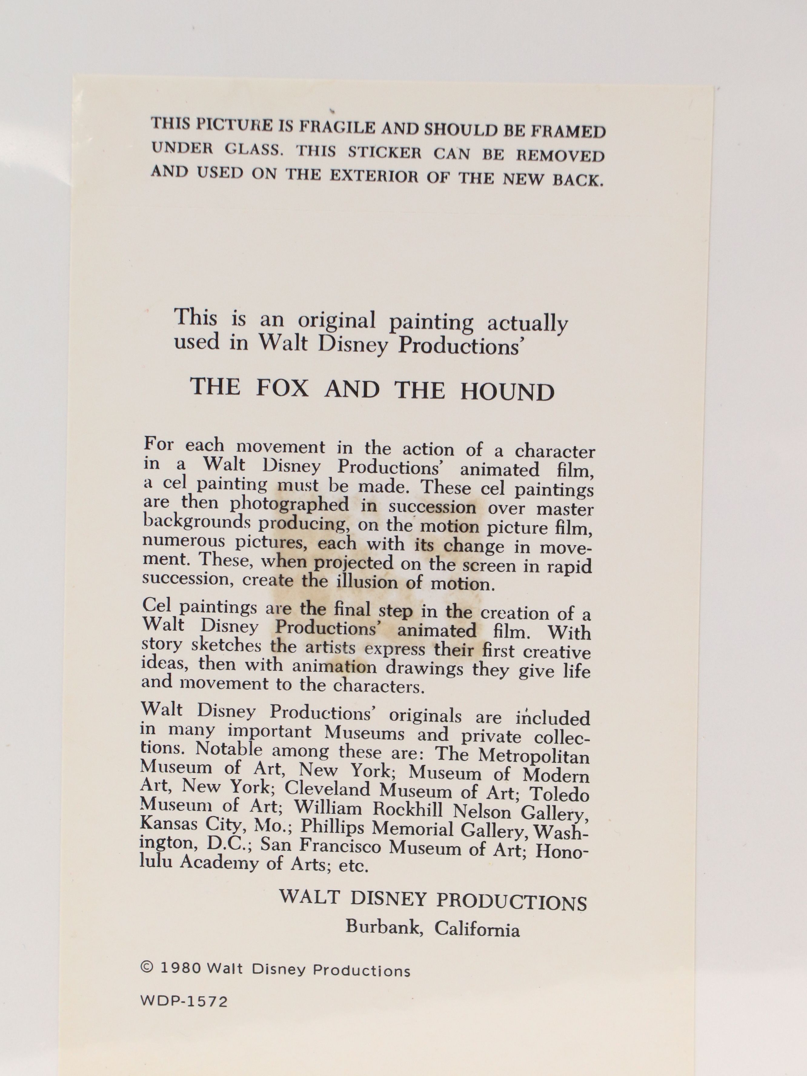 Walt Disney Sericel "The Fox and the Hound," 1980