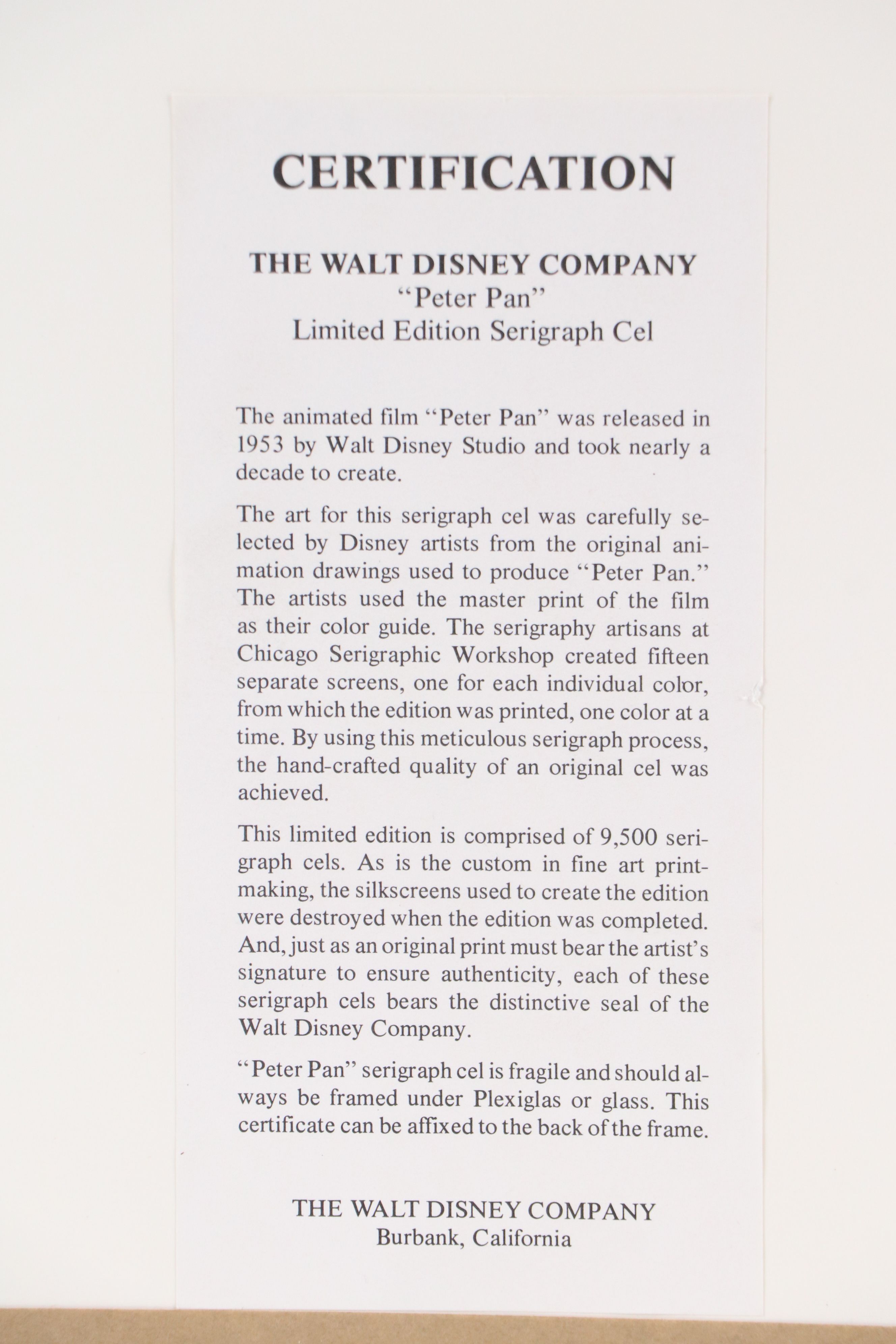 Walt Disney Sericel "Peter Pan"