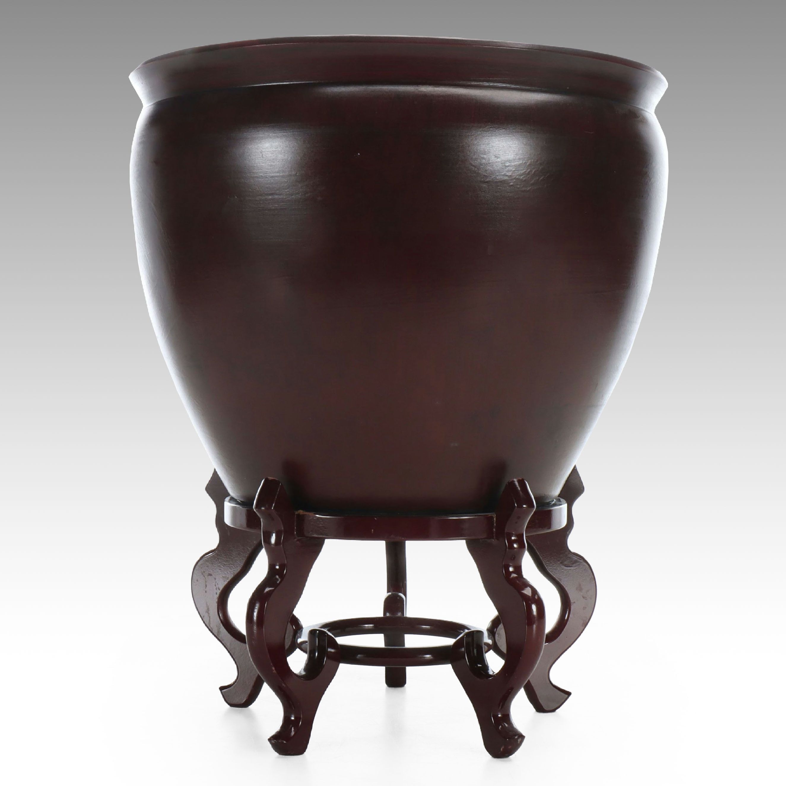 Chinese Style Ceramic Fishbowl Planter on Wood Base