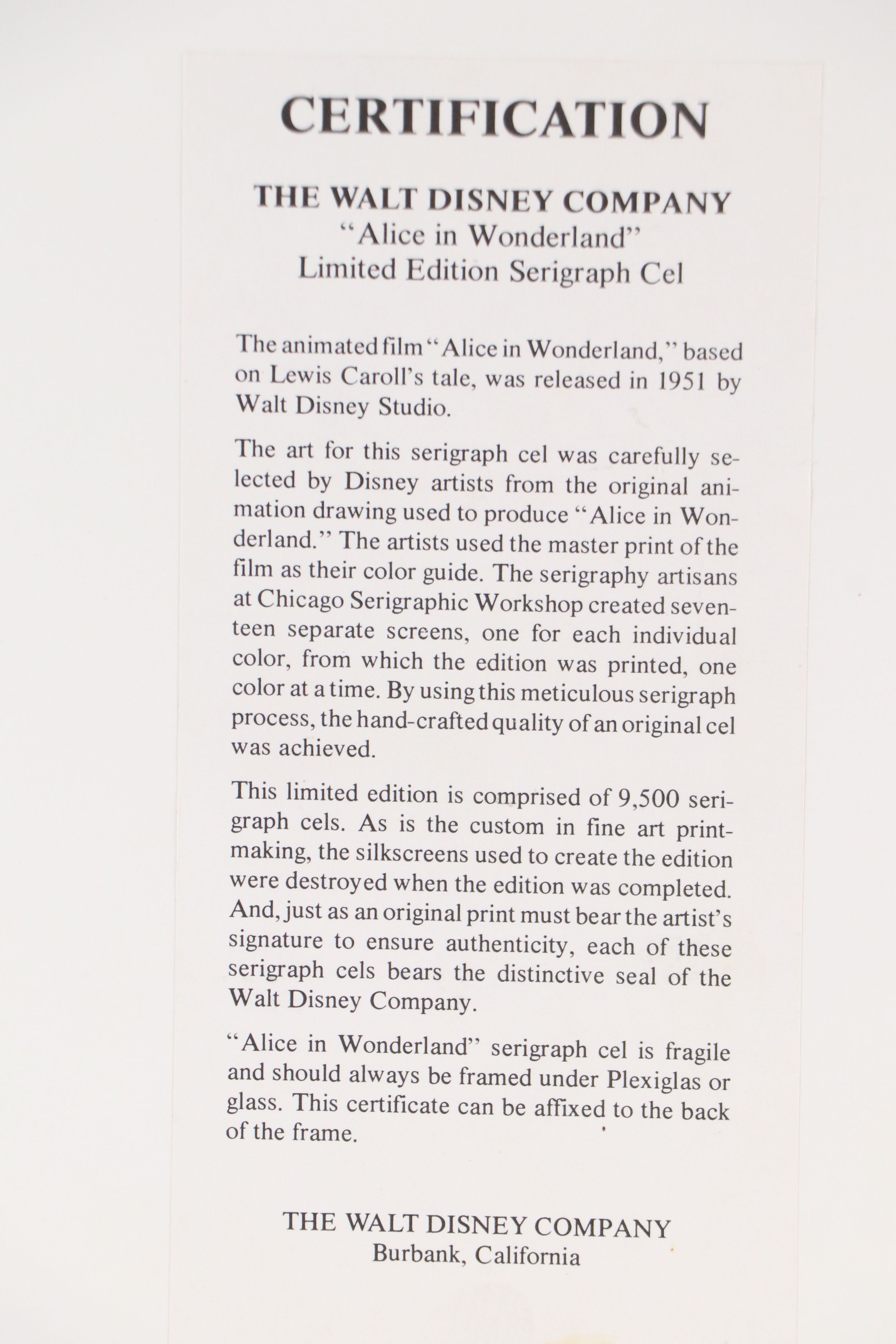 Walt Disney Sericel "Alice In Wonderland"