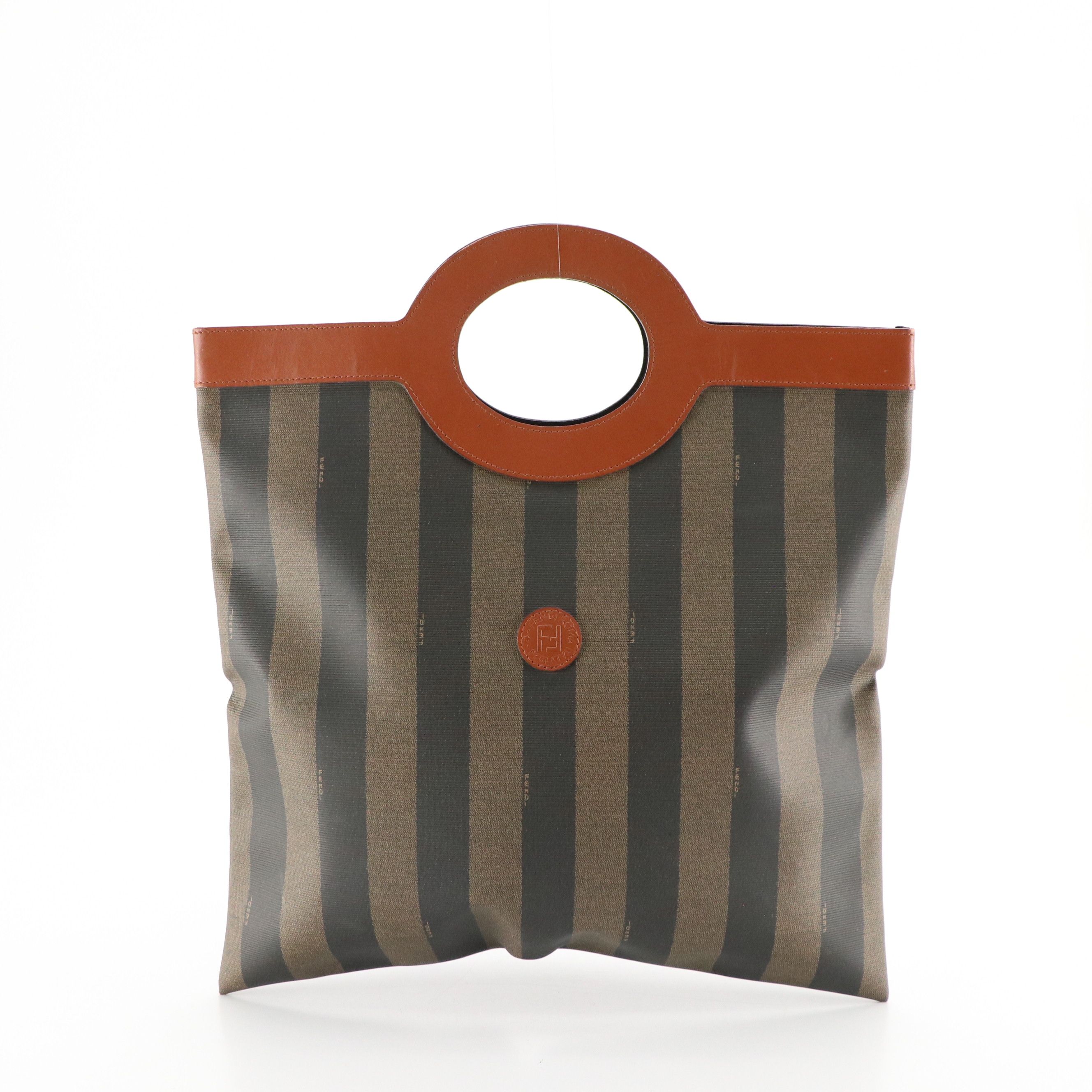 Fendi Flat Handlebar Tote Bag in Pequin Stripe Coated Canvas and Brown Leather