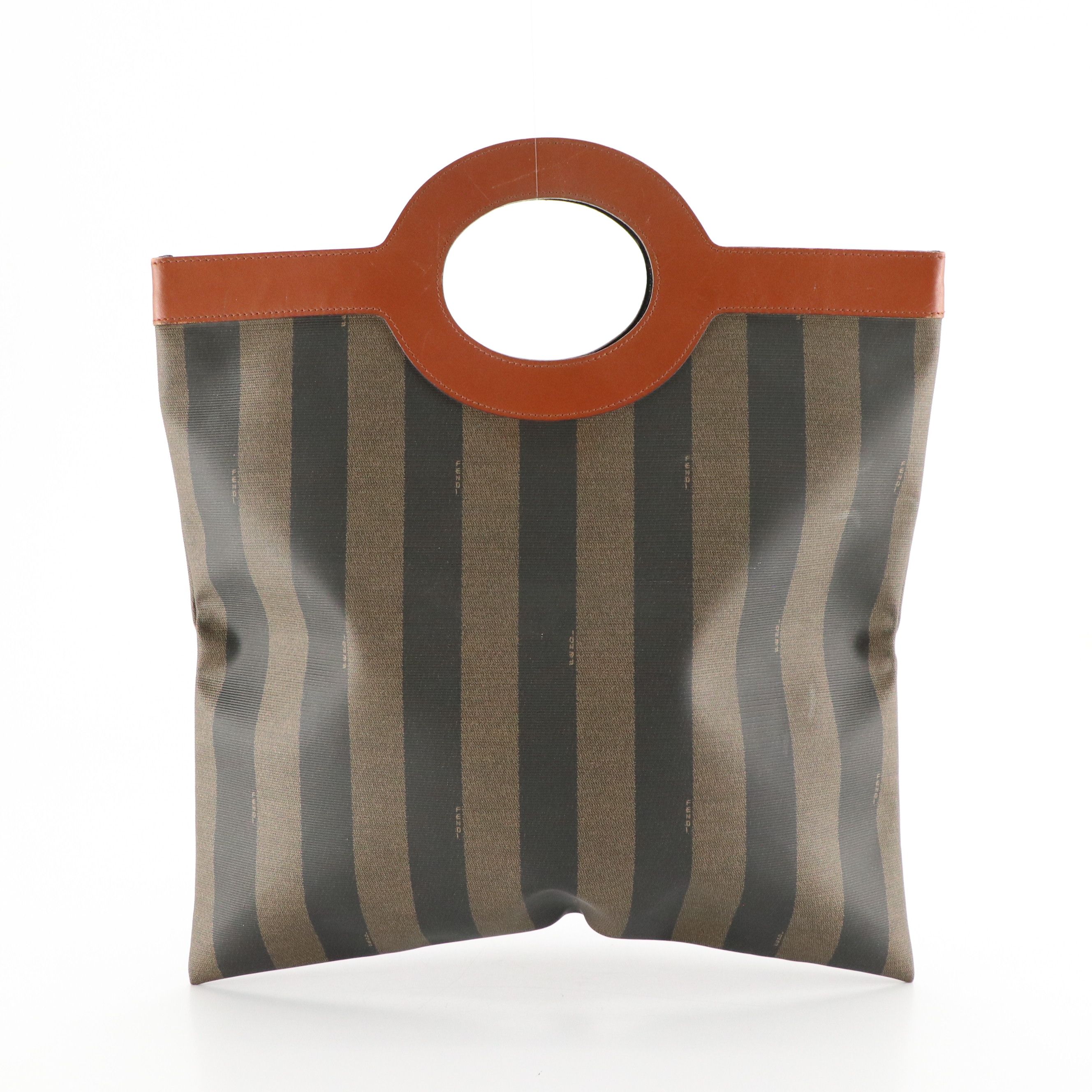 Fendi Flat Handlebar Tote Bag in Pequin Stripe Coated Canvas and Brown Leather