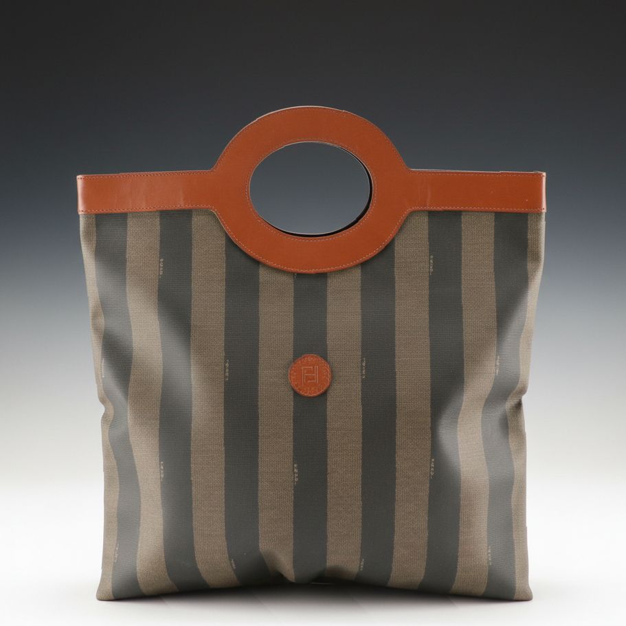 Fendi Flat Handlebar Tote Bag in Pequin Stripe Coated Canvas and Brown Leather