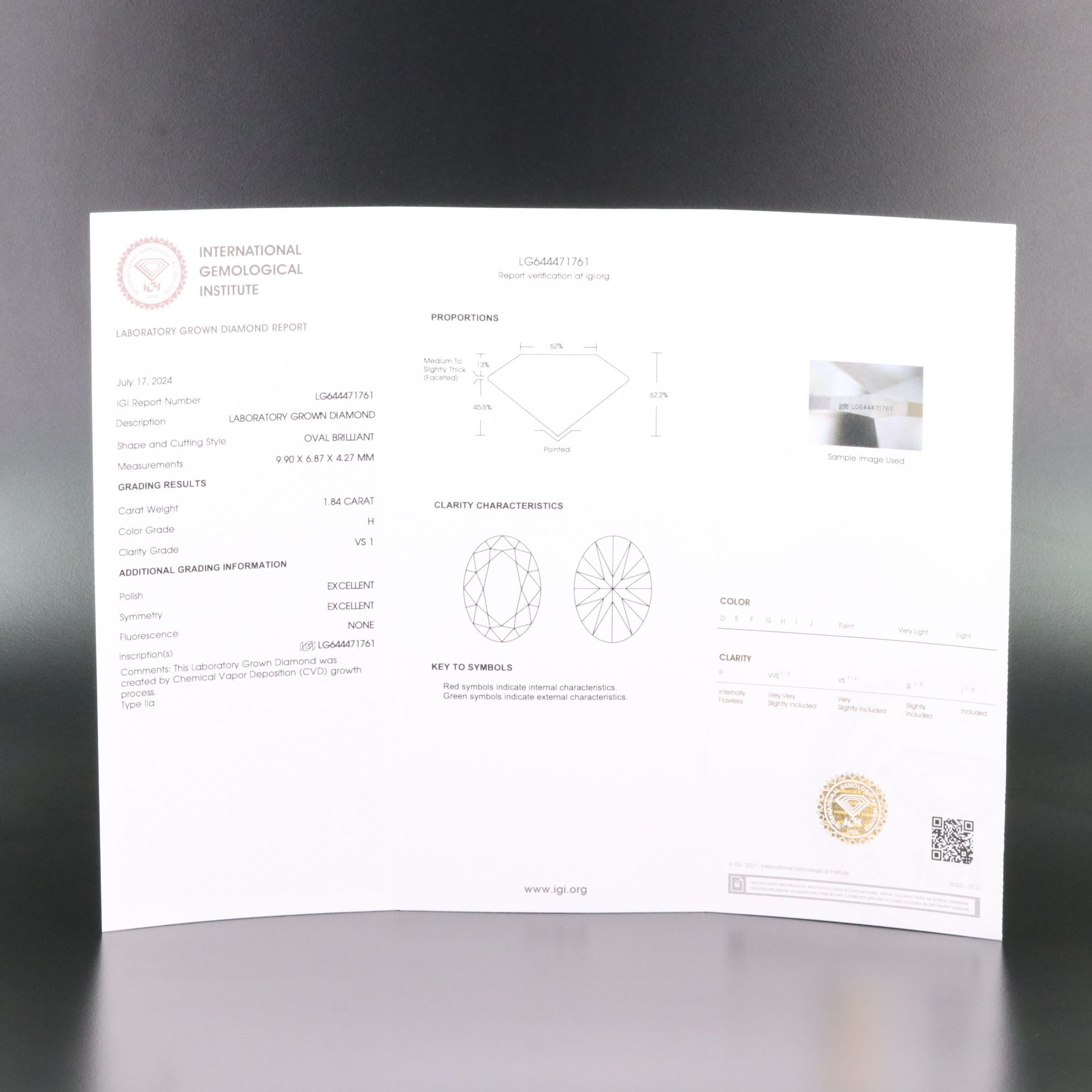 Loose 1.84 CT Lab Grown Diamond with IGI Report