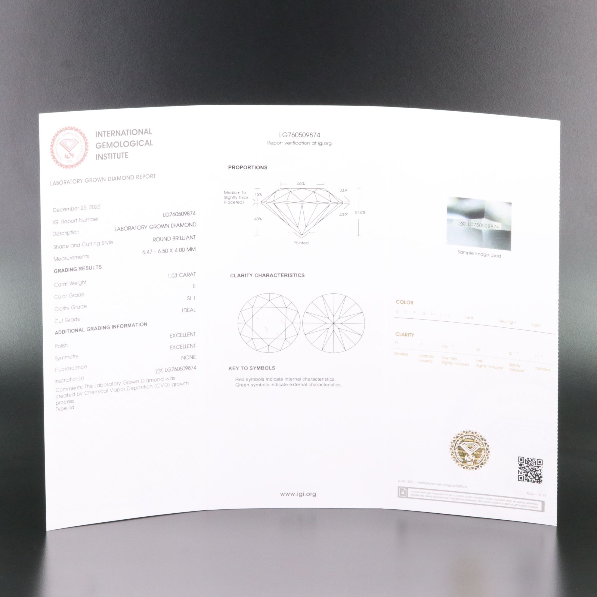 Loose 1.03 CT Lab Grown Diamond with IGI Report