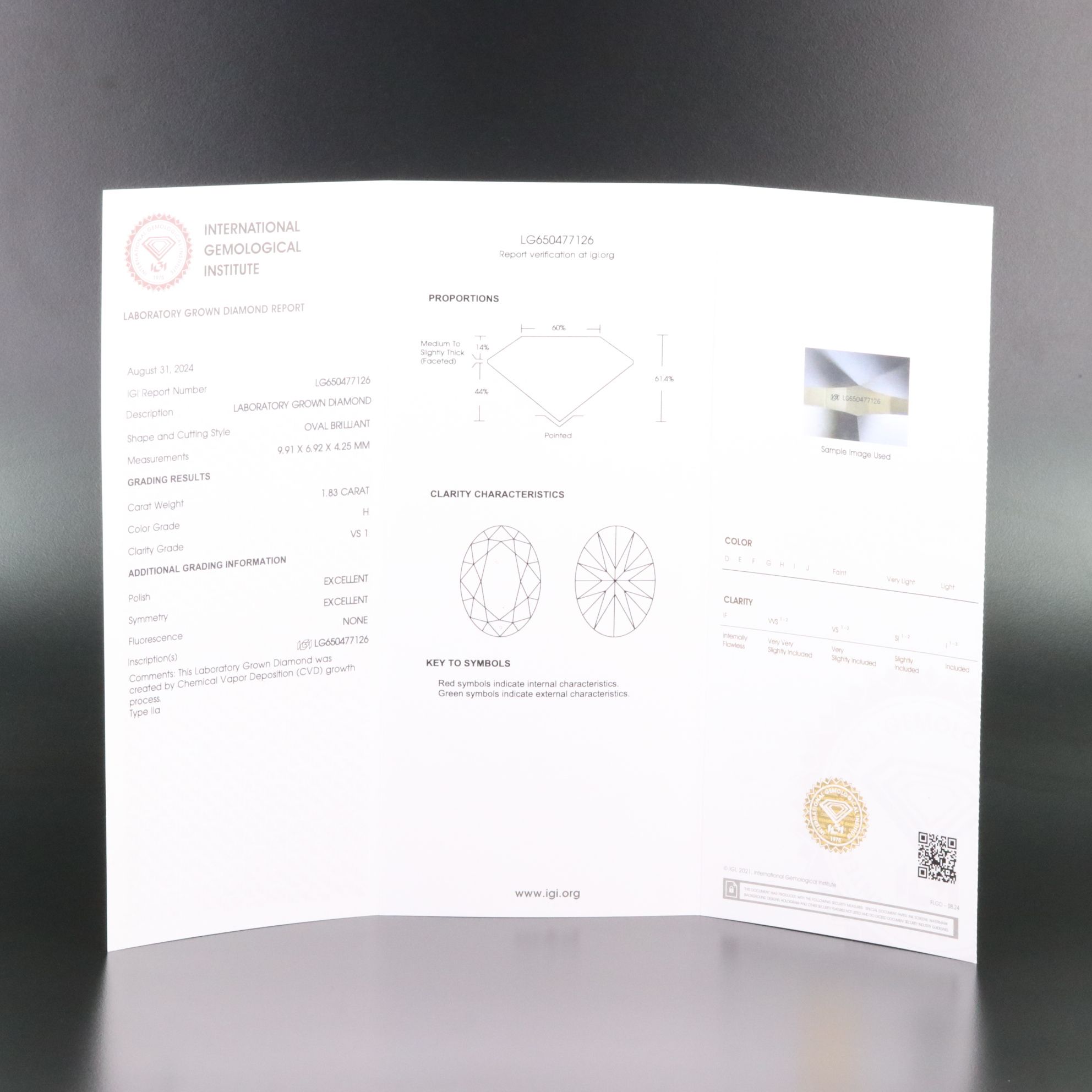 Loose 1.83 CT Lab Grown Diamond with IGI Report