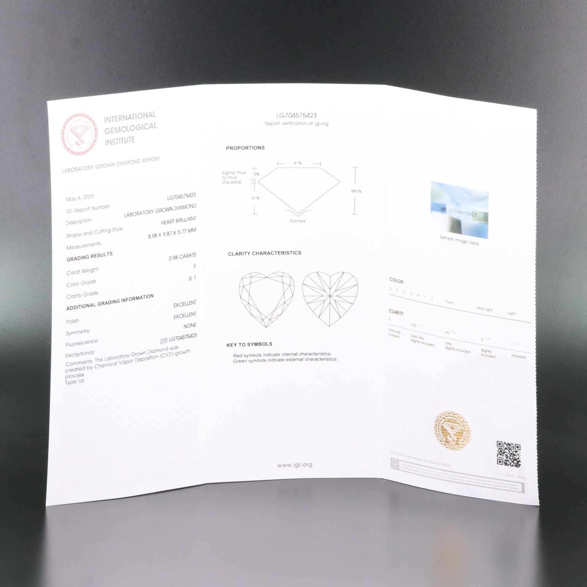 Loose 2.98 CT Lab Grown Diamond with IGI Report