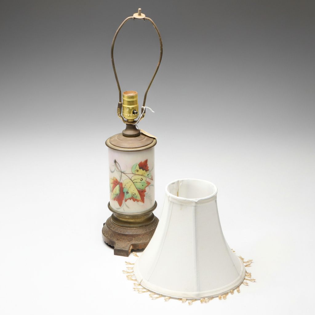 Hand-Painted Ceramic and Brass Table Lamp with Beaded Silk Shade