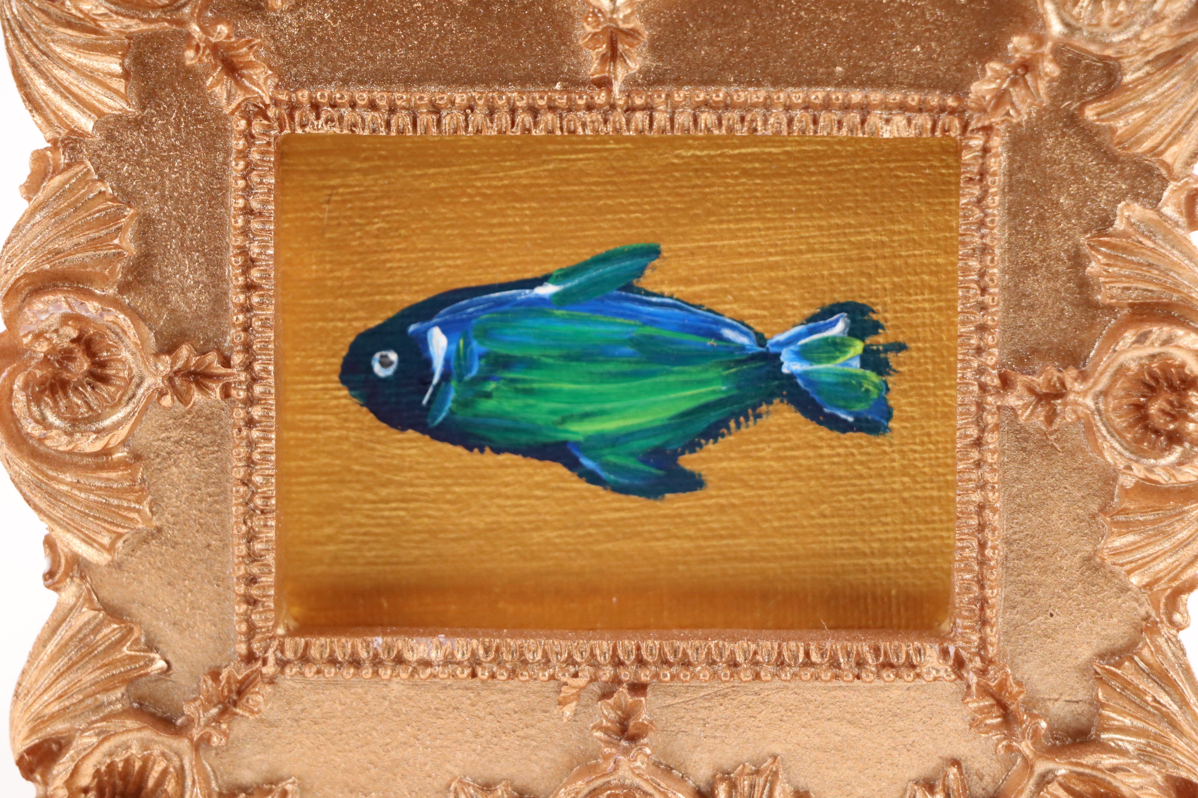 Nina Smith Tiny Oil Painting of Blue Fish, 21st Century