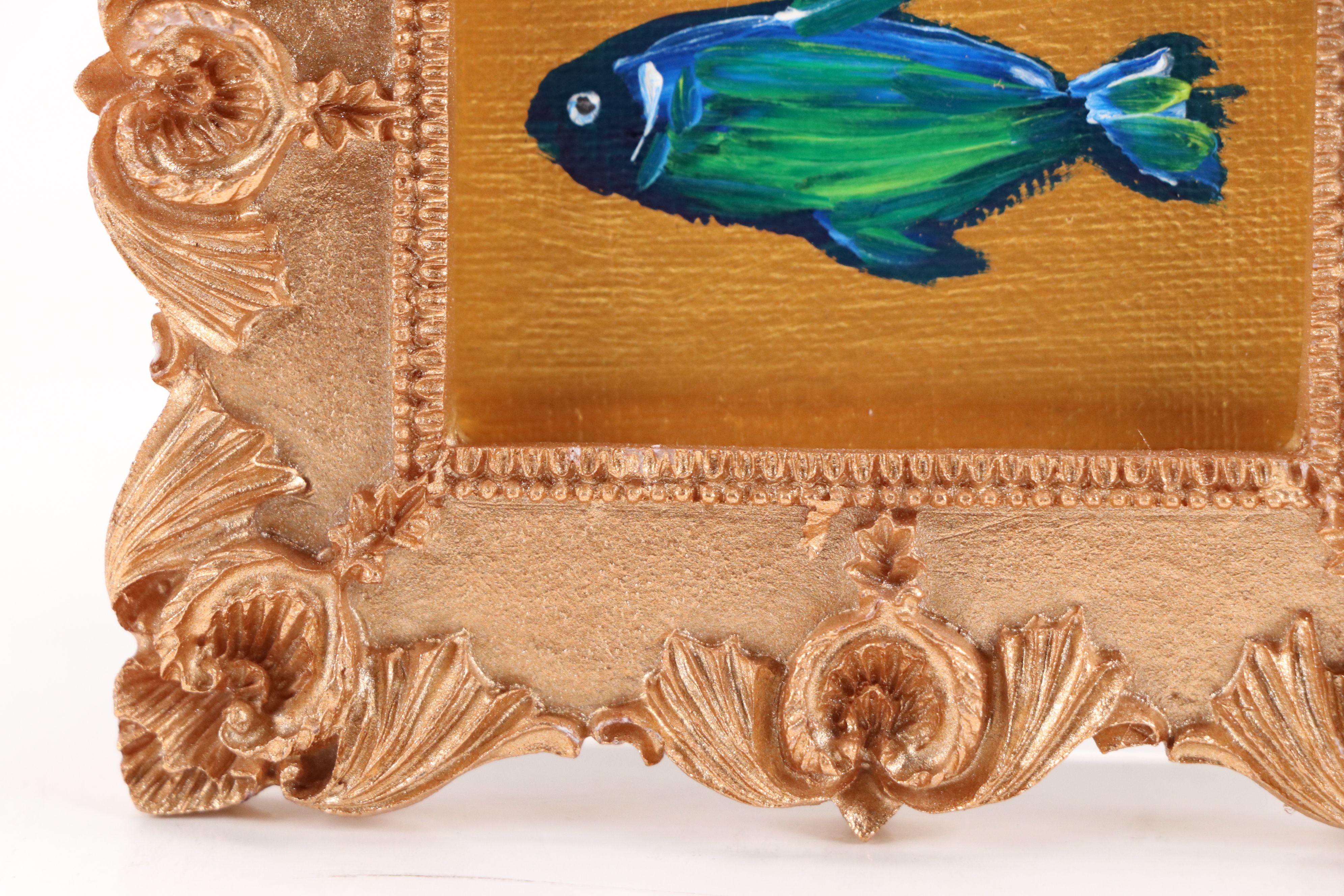 Nina Smith Tiny Oil Painting of Blue Fish, 21st Century