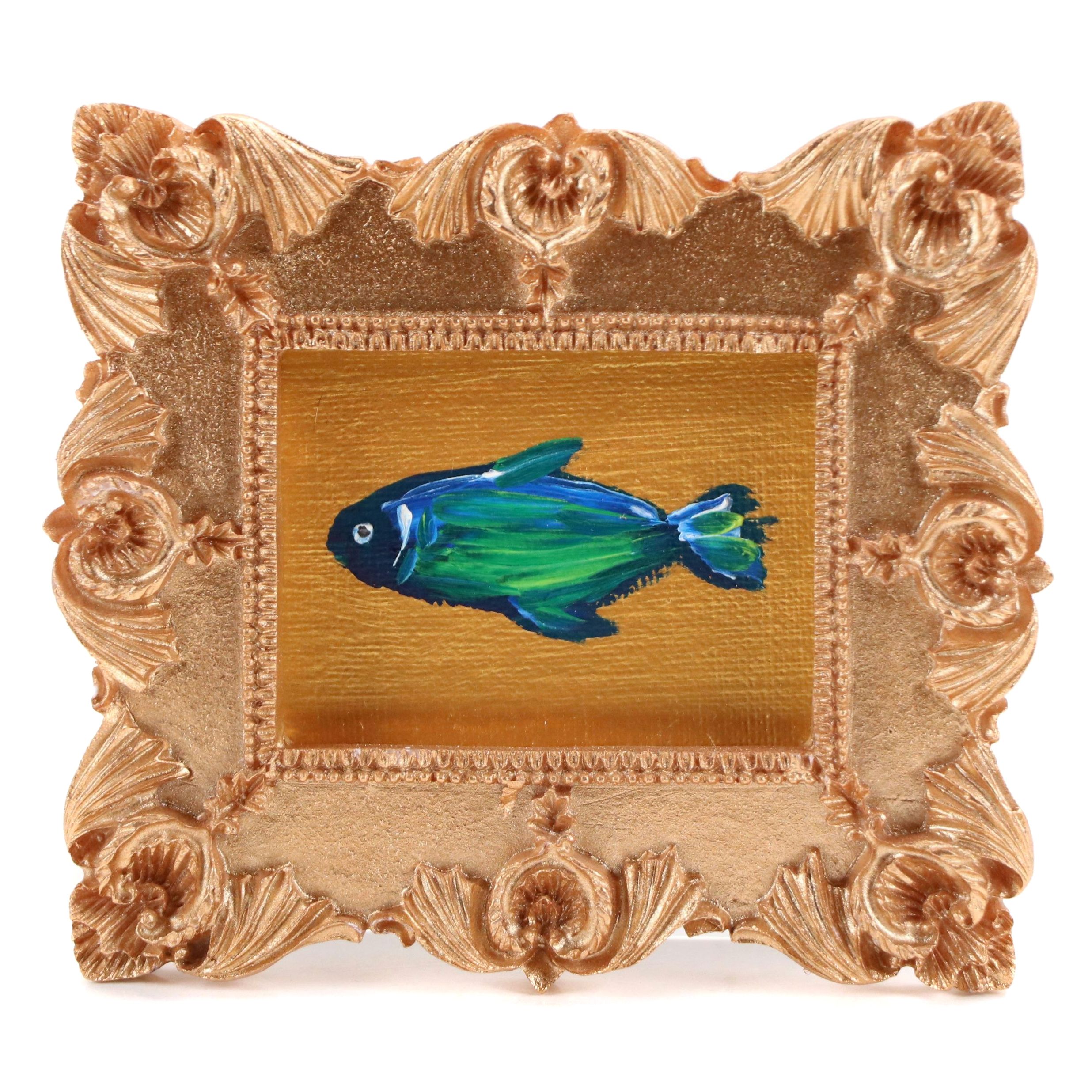 Nina Smith Tiny Oil Painting of Blue Fish, 21st Century