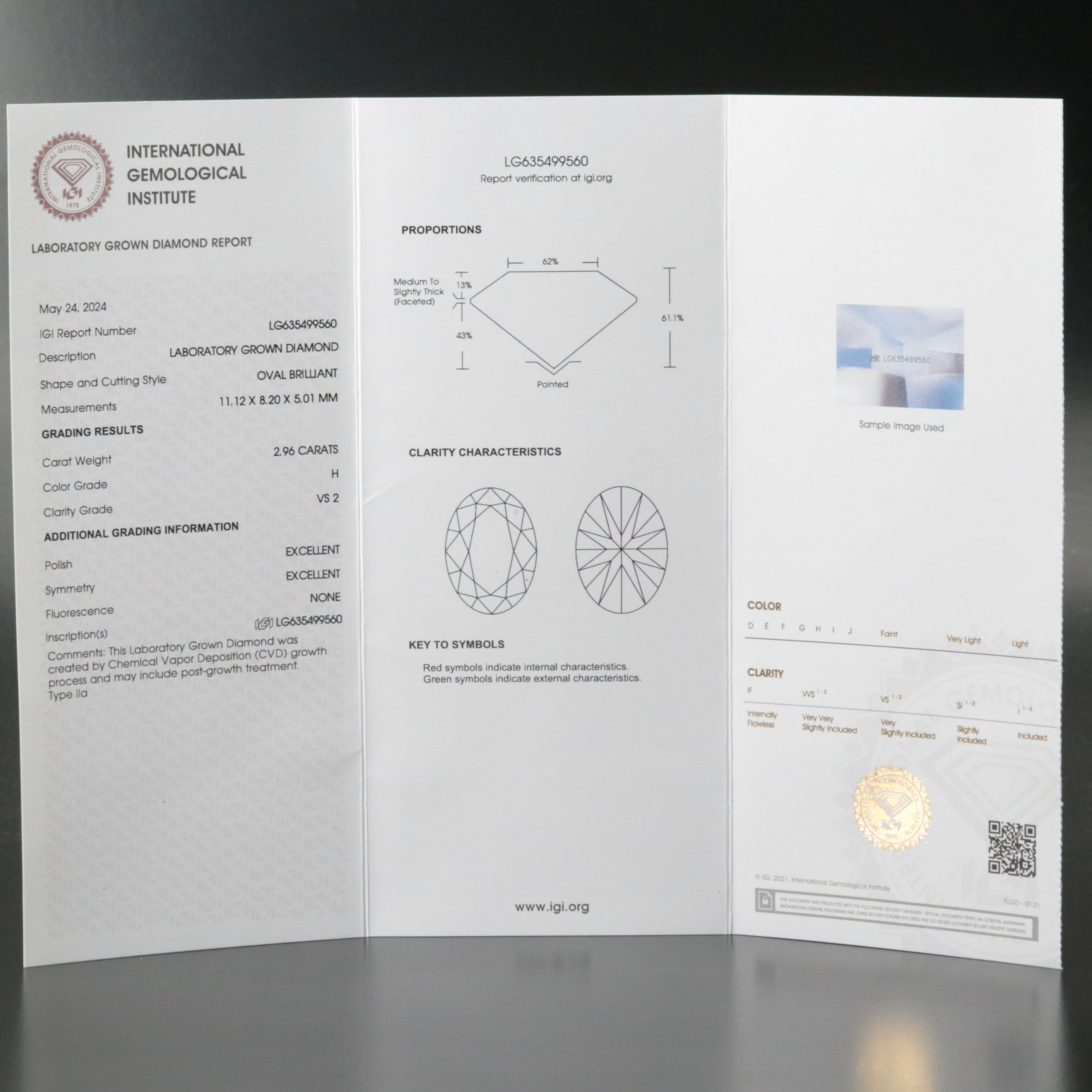 Loose 2.96 CT Lab Grown Diamond with IGI Report