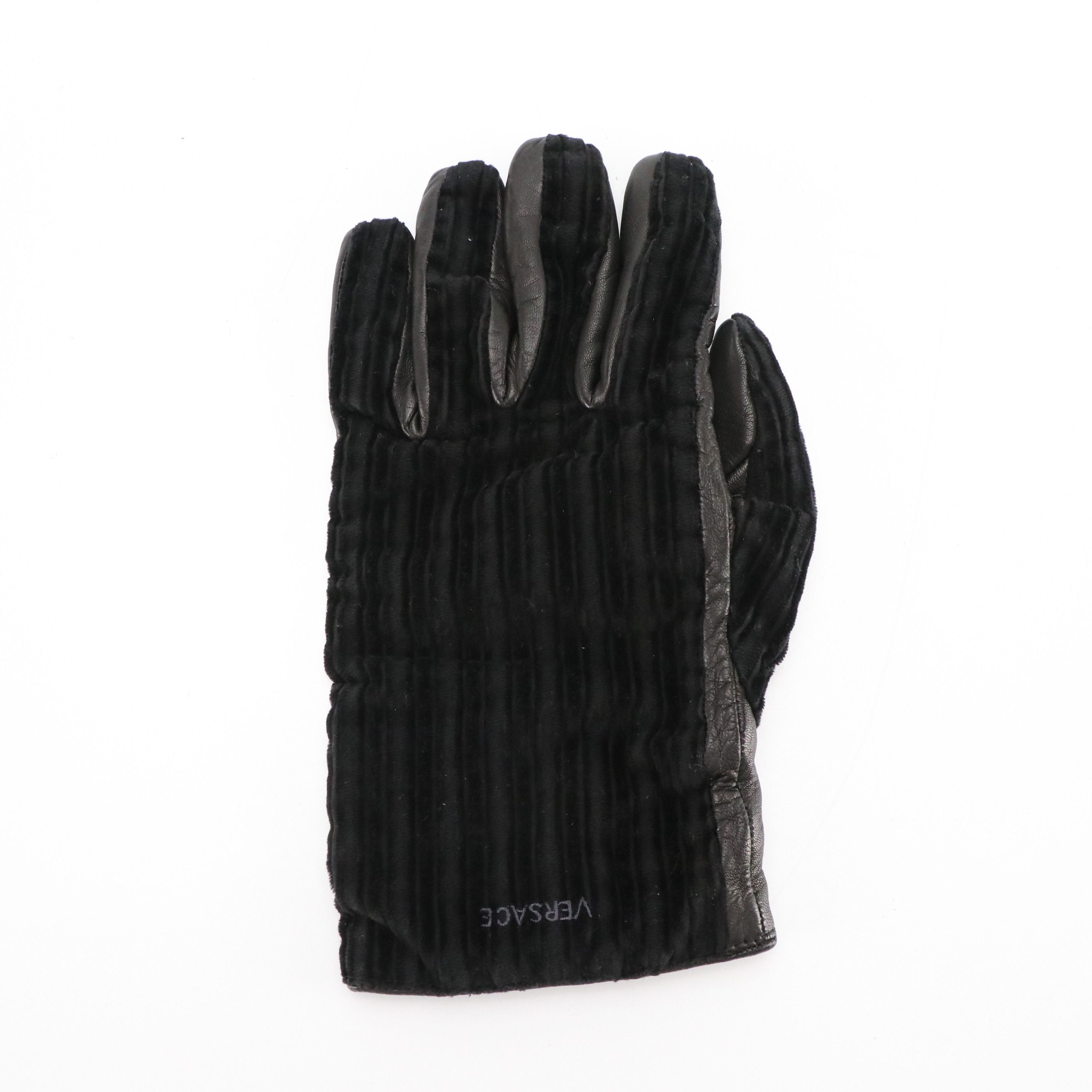 Gianni Versace Cashmere-Lined Leather/Striped Fabric Gloves
