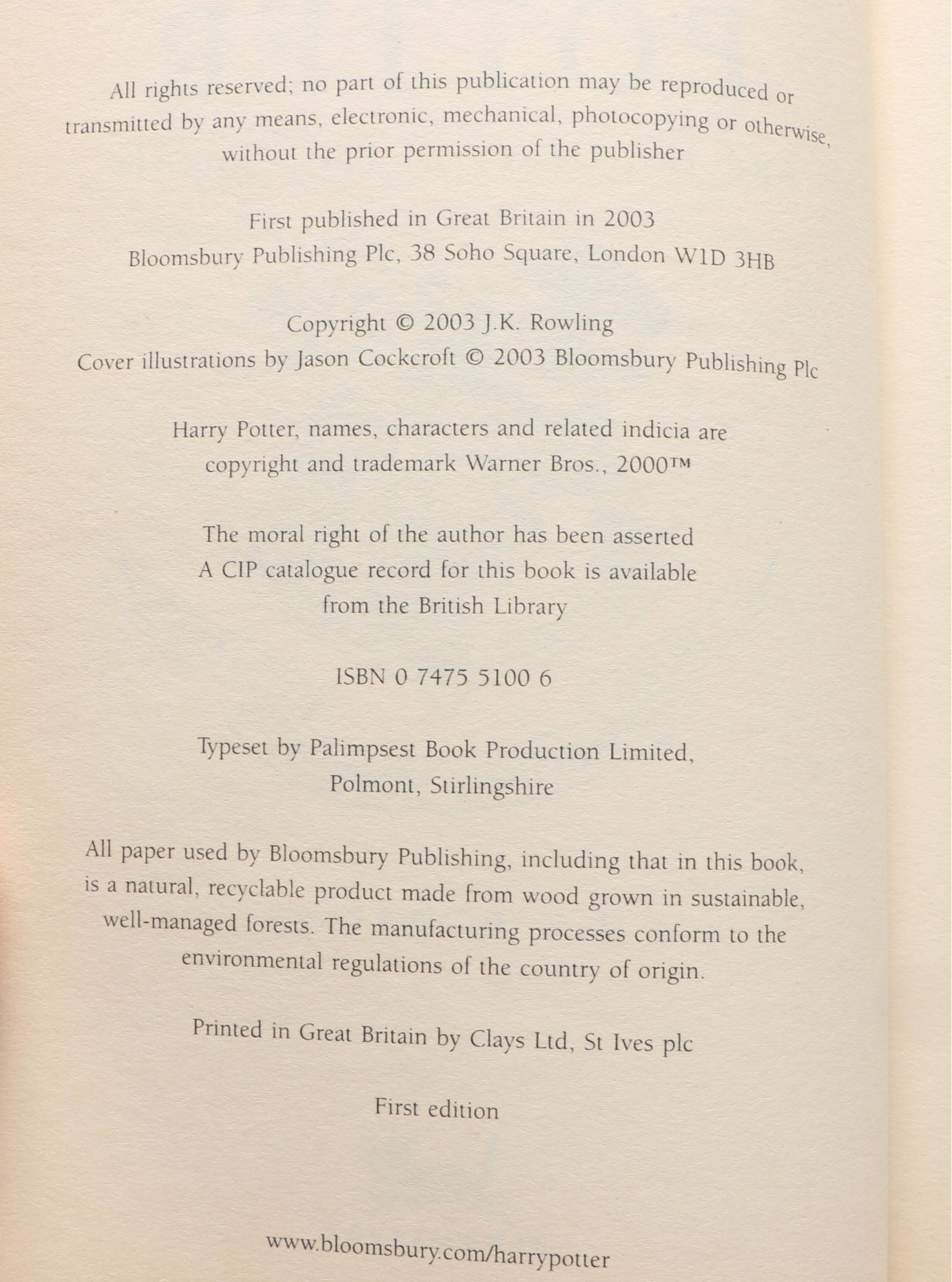 First UK Edition "Harry Potter and the Order of the Phoenix" by J. K. Rowling