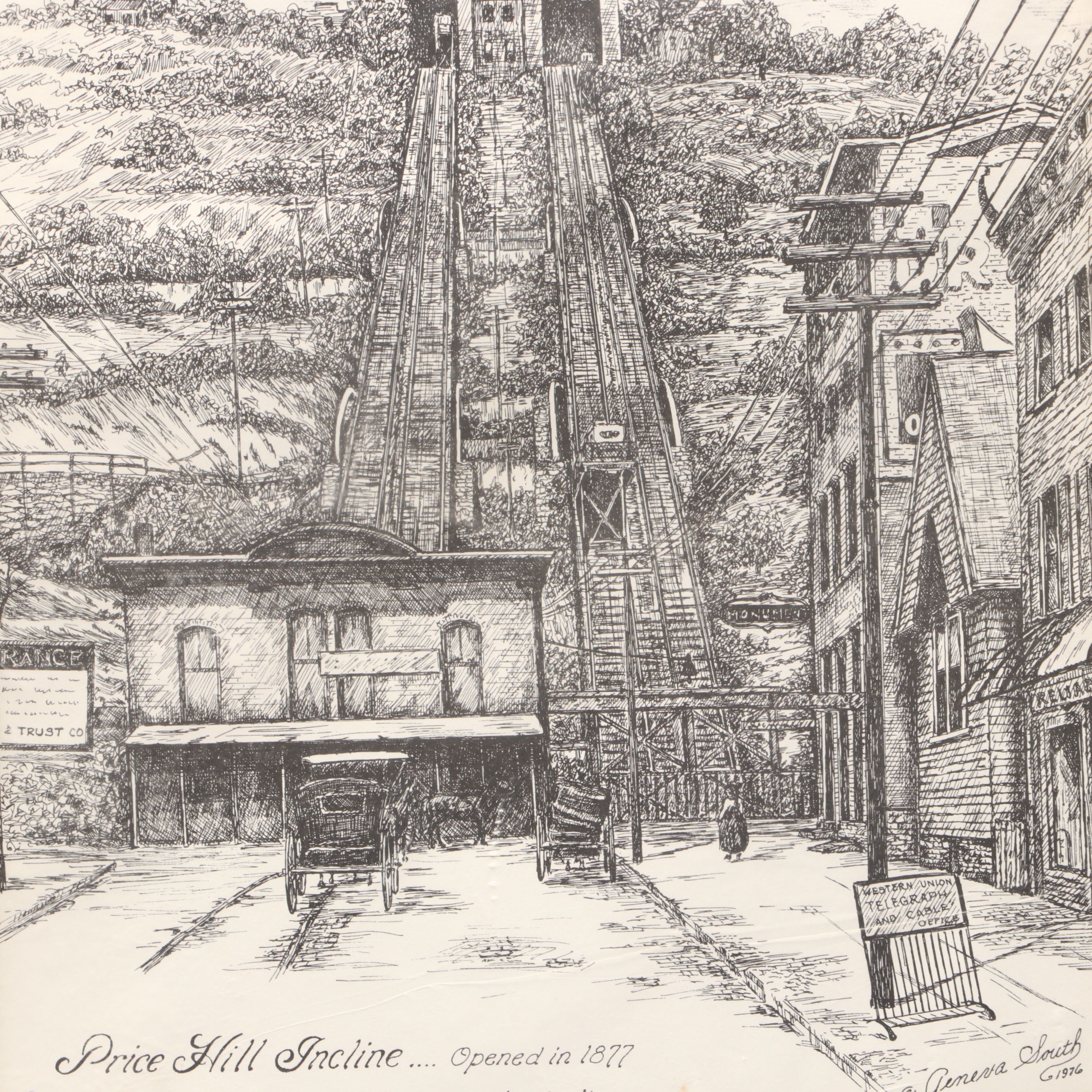 Geneva South "Price Hill Incline" Lithograph with 1906 Incline Photograph