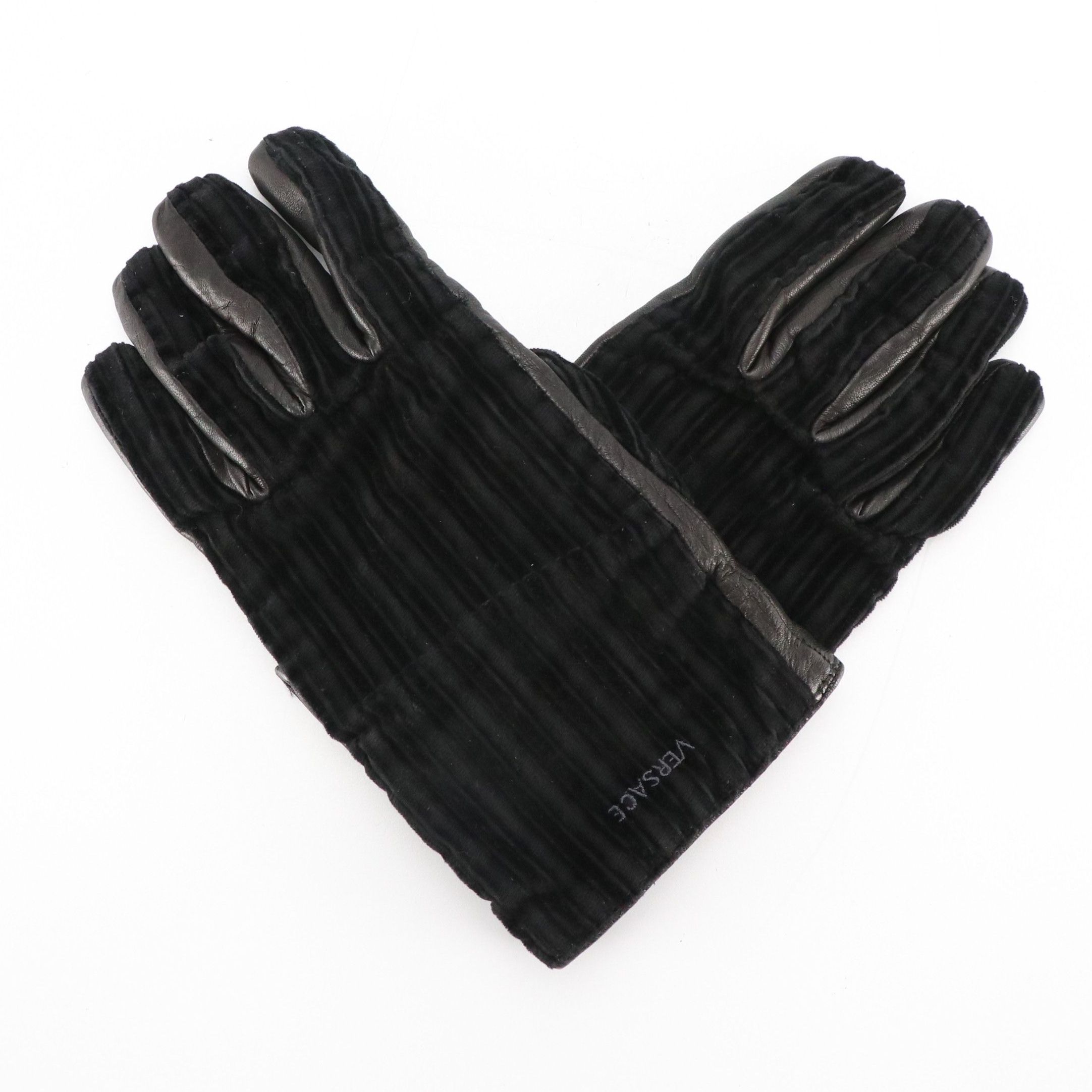 Gianni Versace Cashmere-Lined Leather/Striped Fabric Gloves