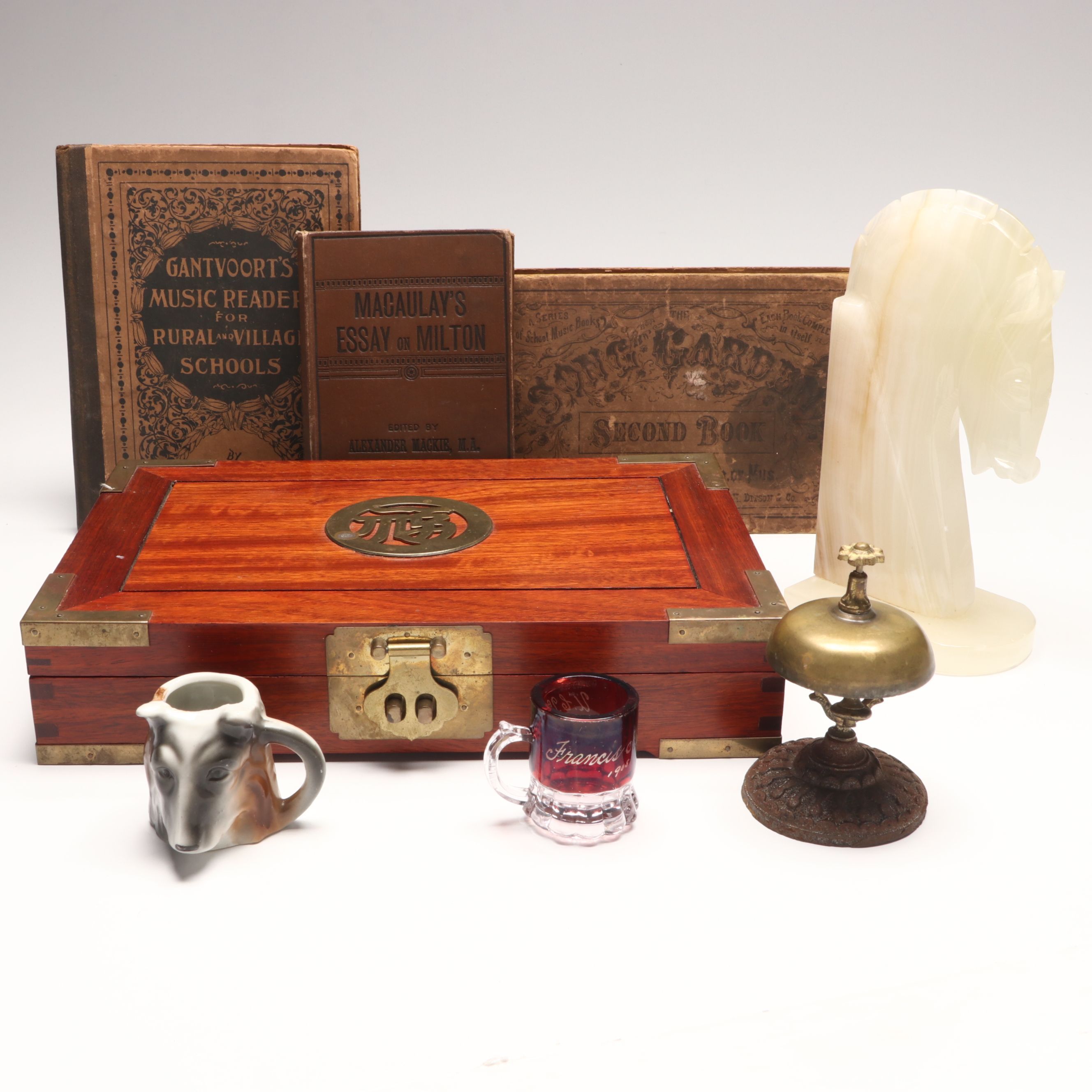 Chinese Wood Decorative Box with Brass Accents and Other Vintage Décor and Books