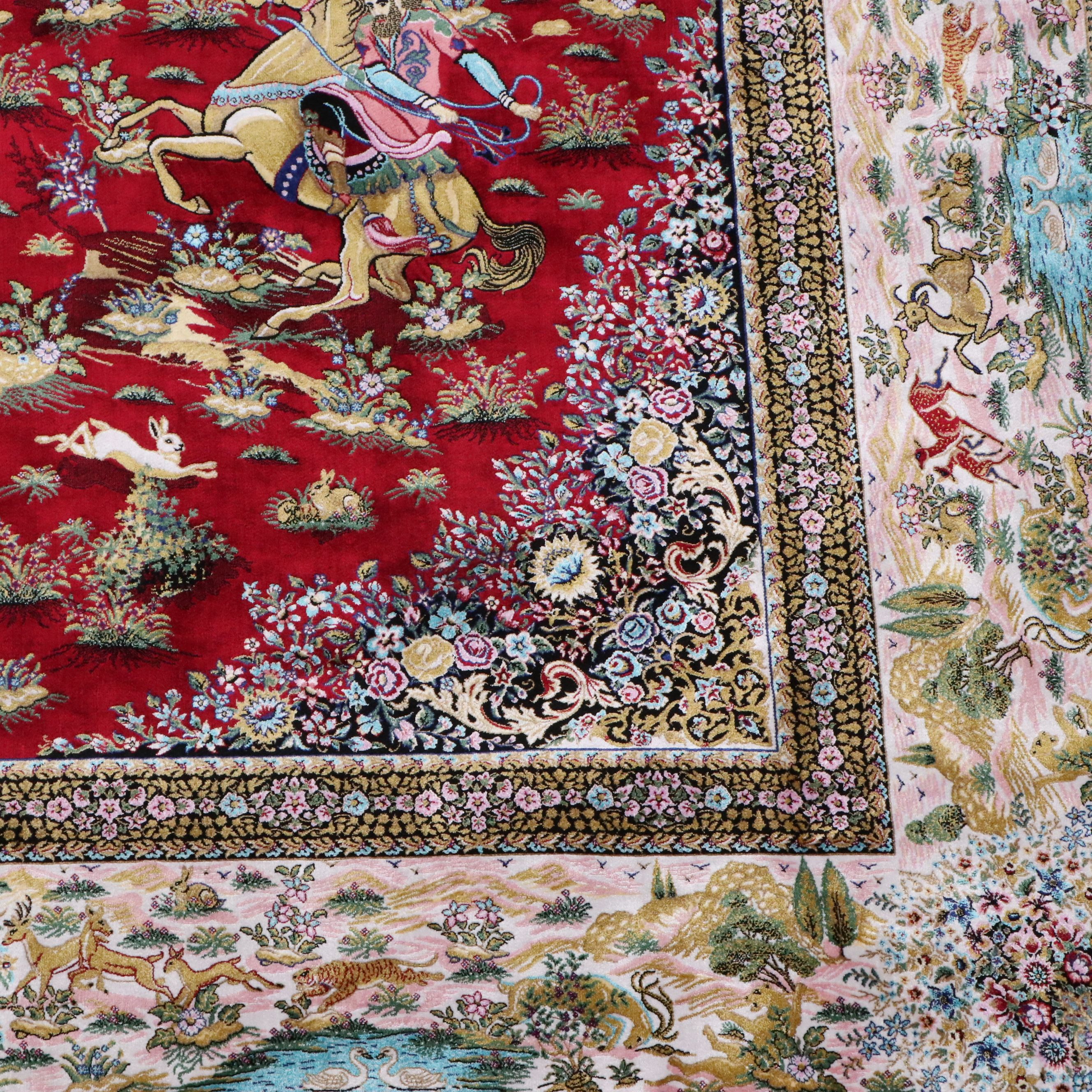 6'4 x 10'3 Hand-Knotted Persian Qom Hunting Theme Silk Area Rug