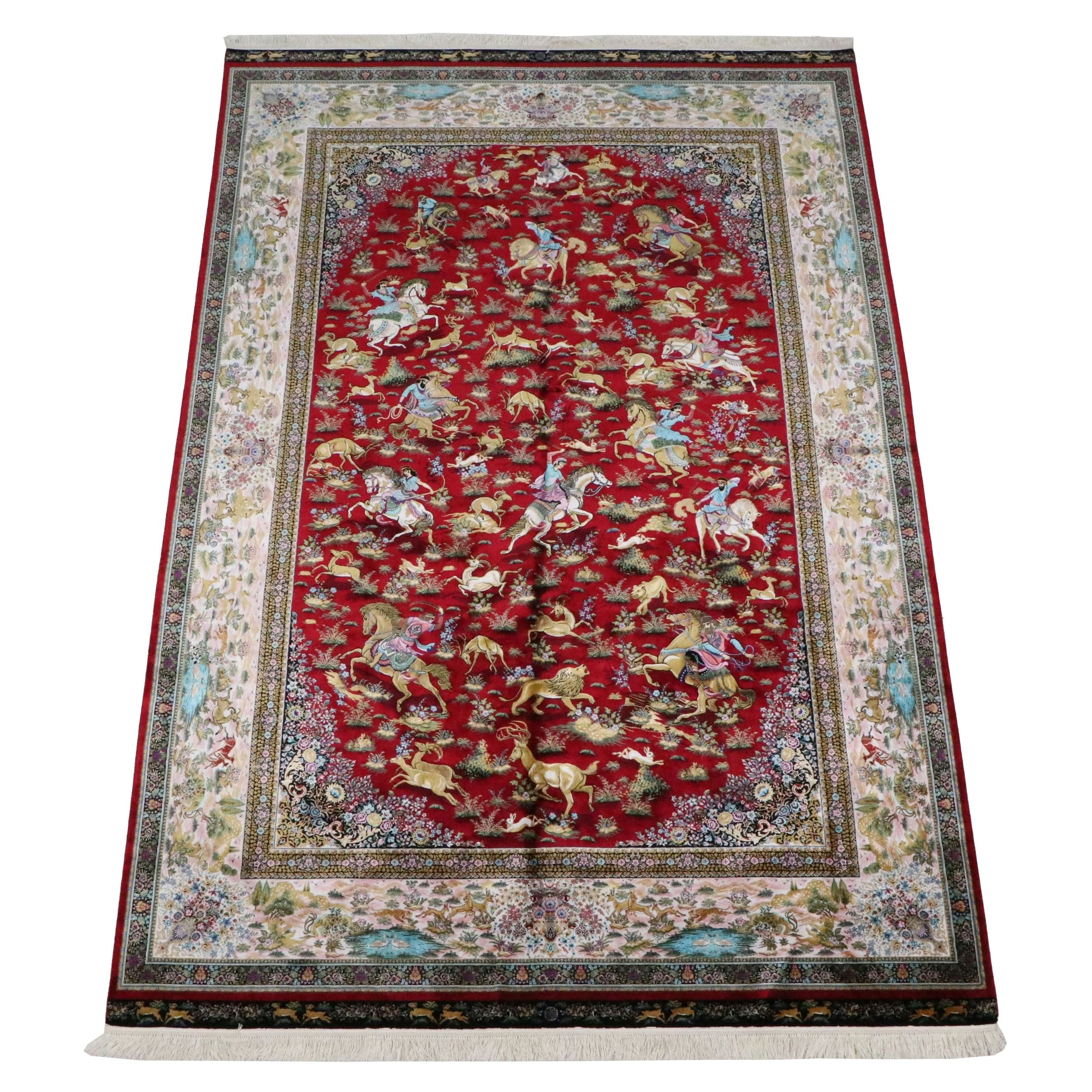 6'4 x 10'3 Hand-Knotted Persian Qom Hunting Theme Silk Area Rug