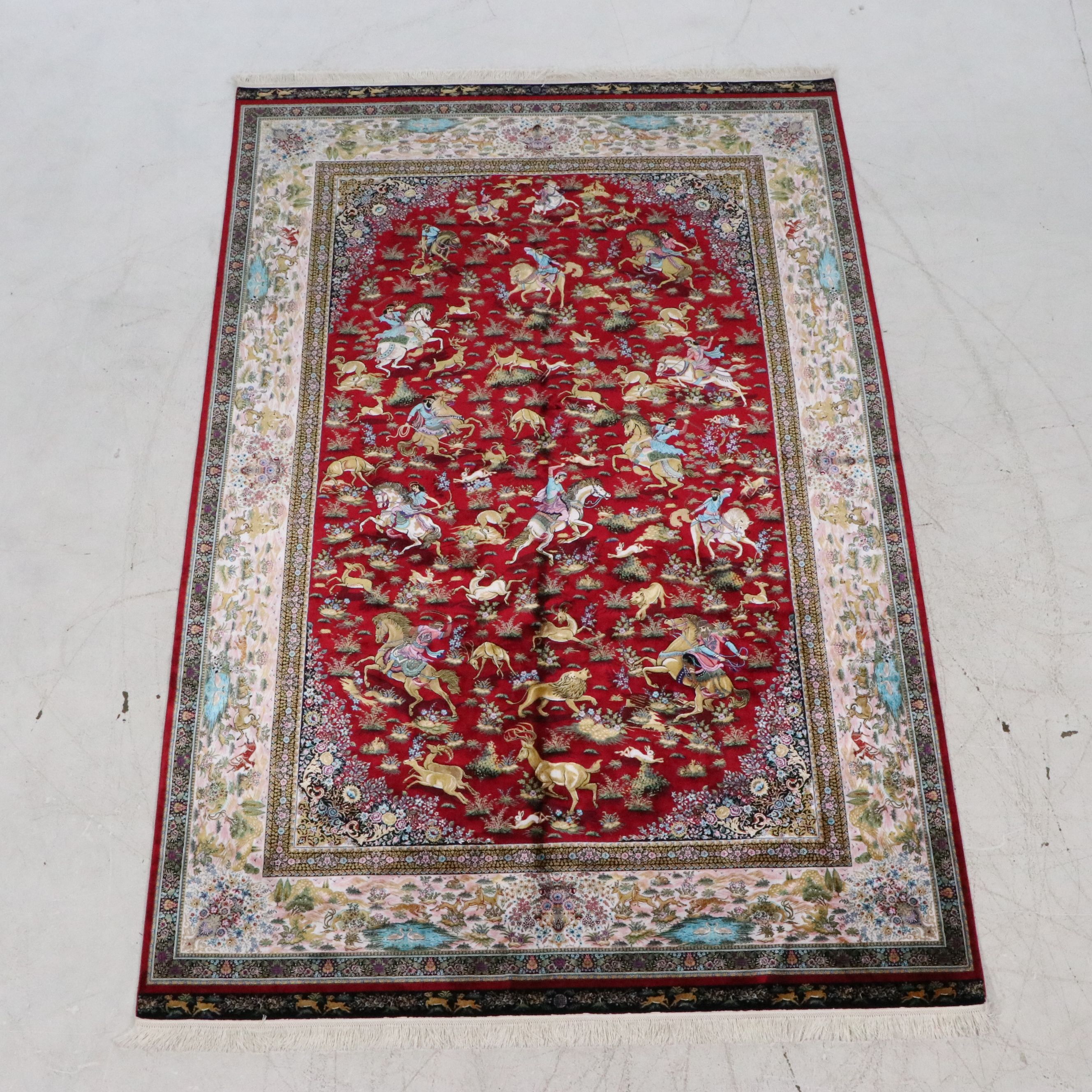 6'4 x 10'3 Hand-Knotted Persian Qom Hunting Theme Silk Area Rug