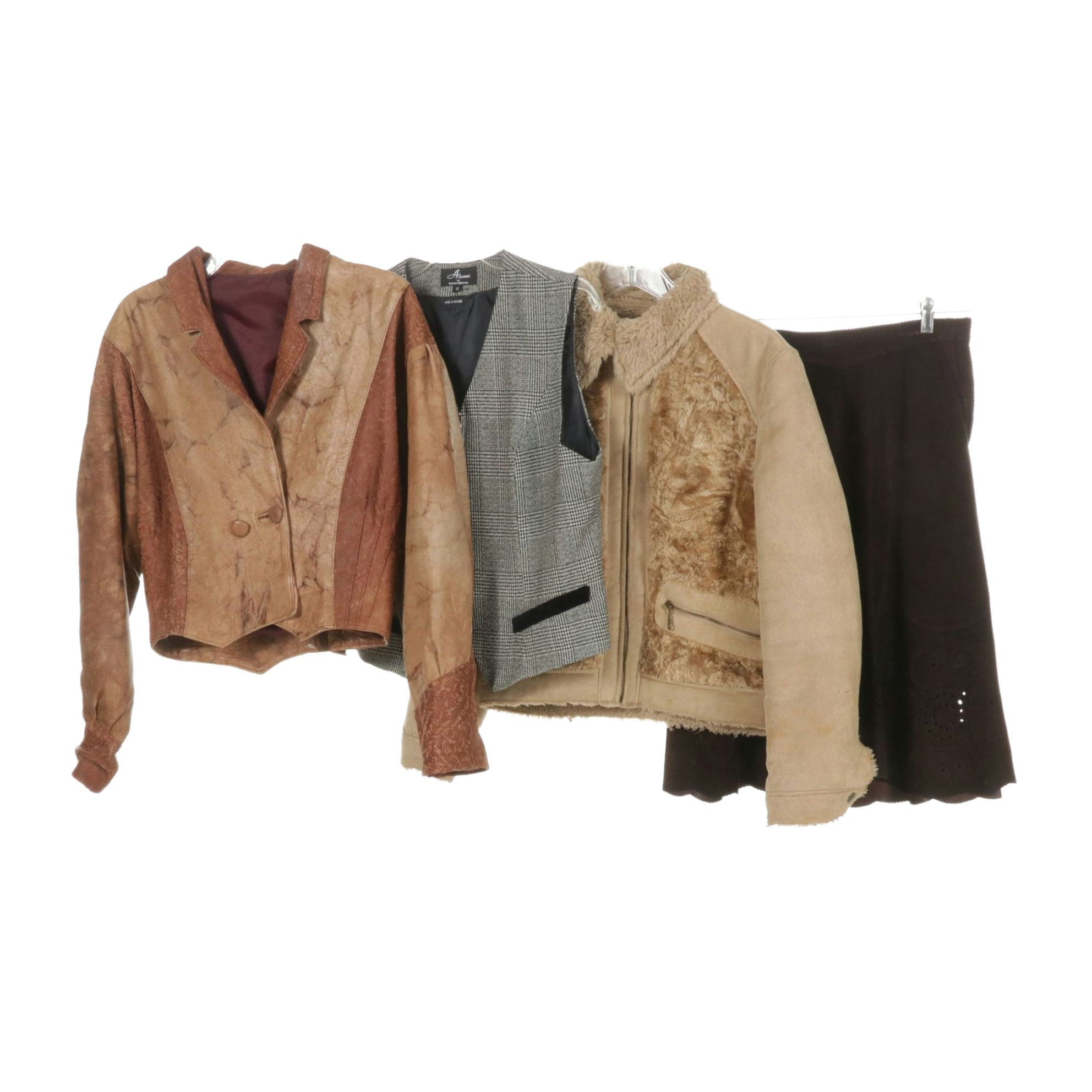 1980s Patchwork Leather Jacket, IDPDT Astro Jacket, Suede Skirt & Wool Vest