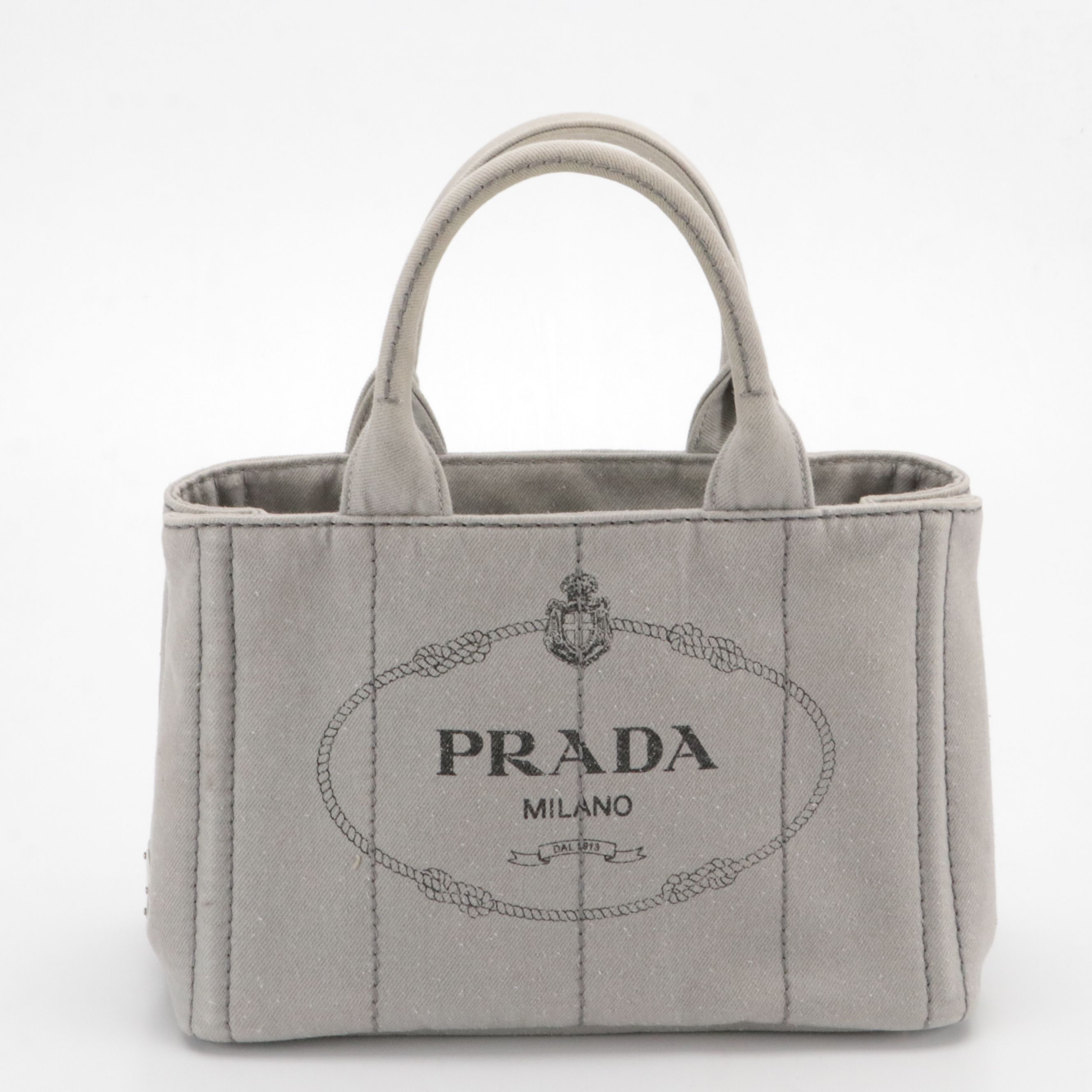 Prada Small Canapa Logo Two-Way Tote in Light Grey Denim